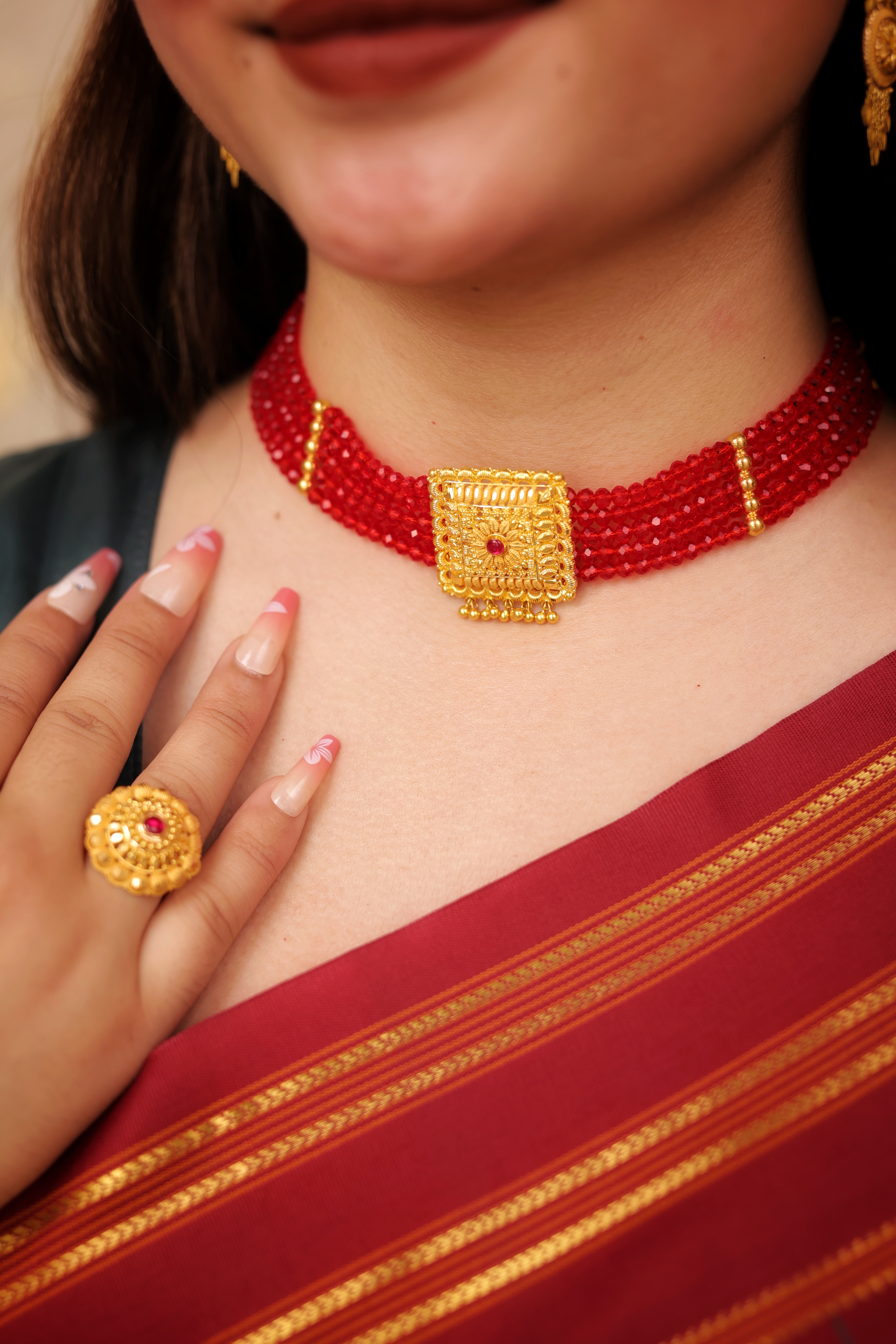 Traditional Red Beaded Chokhar with 22K Gold Centerpiece | Jaishree Jewellers