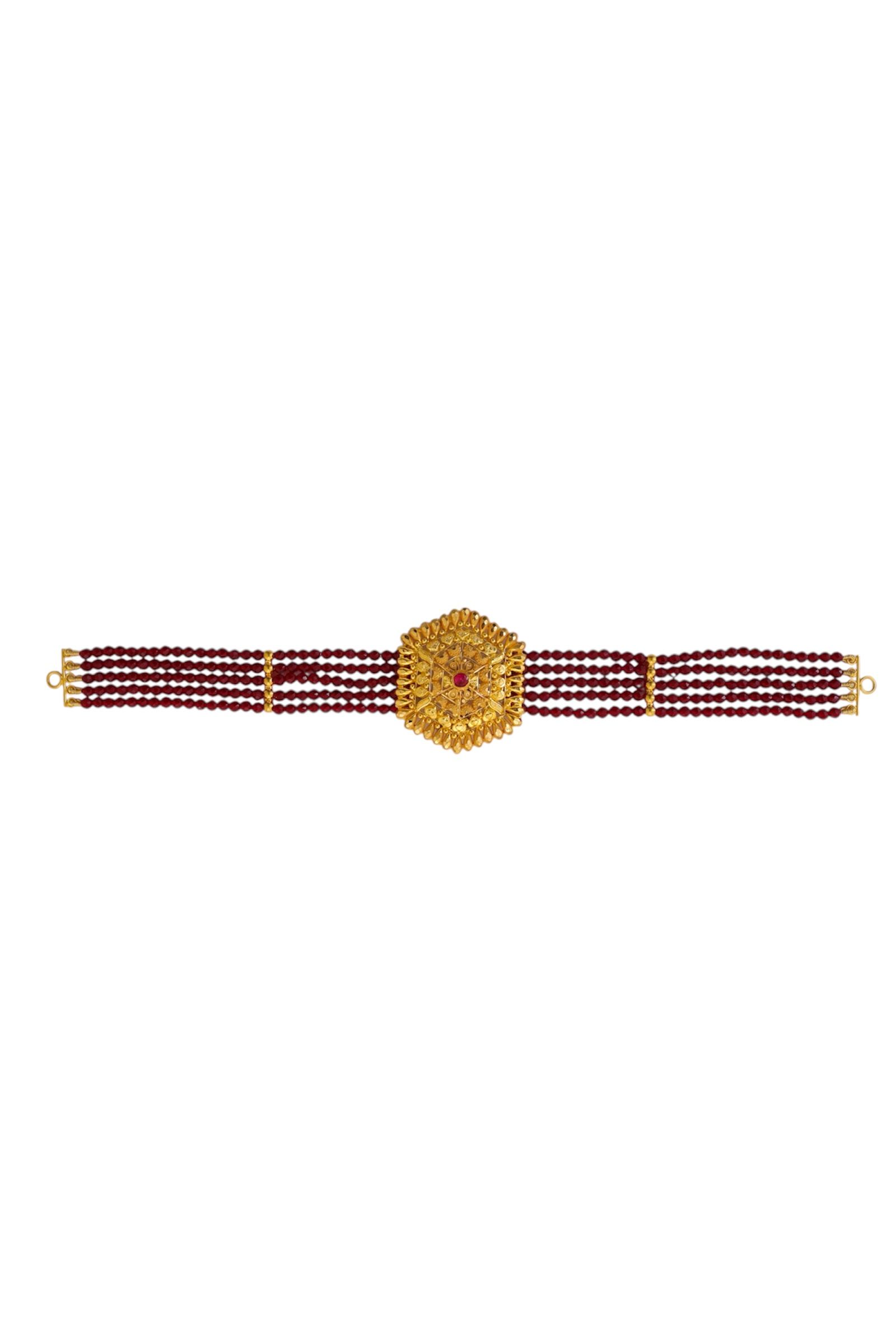 Maroon Multi-Strand Beaded Chokhar with 22K Gold Hexagonal Motif | Traditional Bridal Choker | Jaishree Jewellers