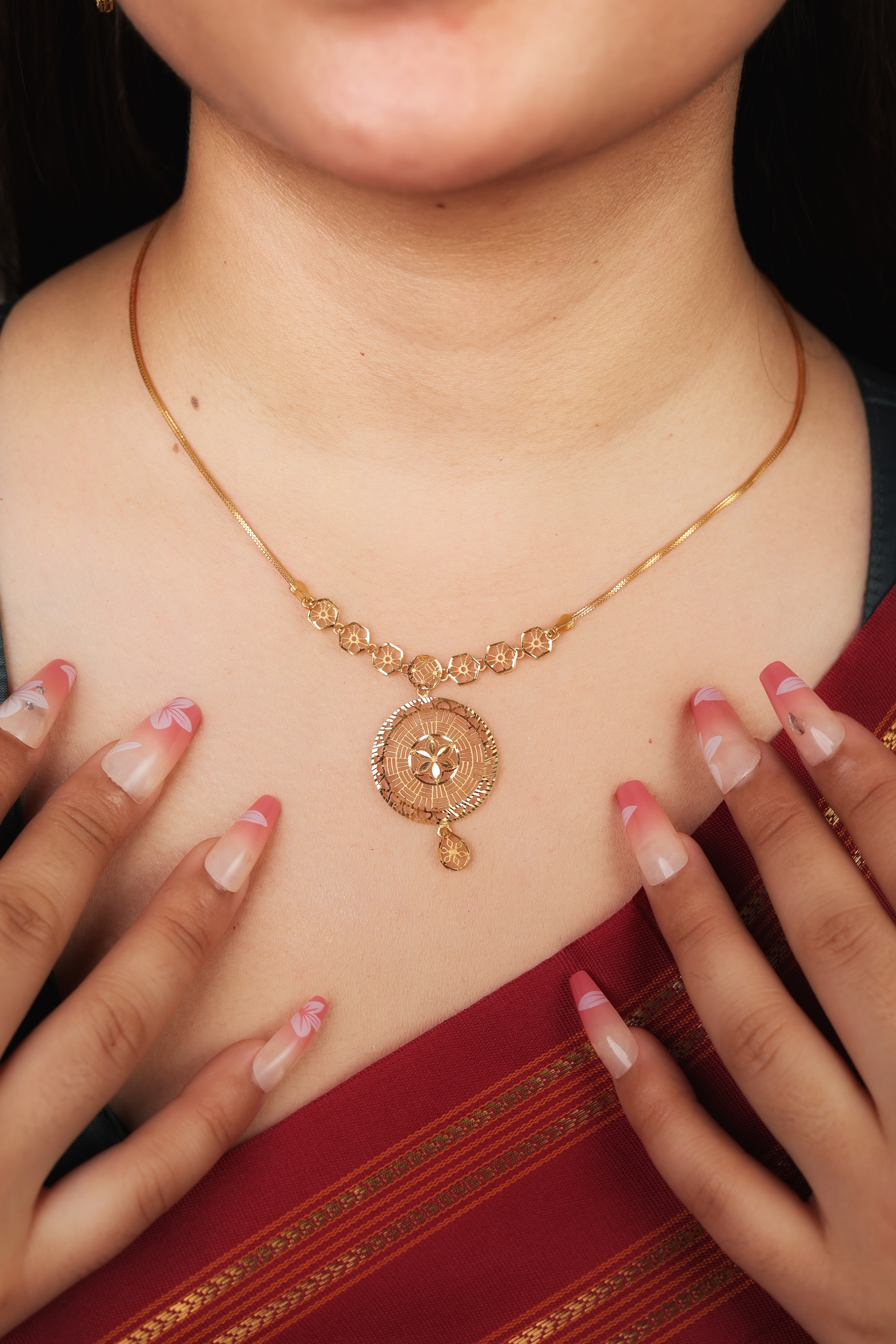 22K Gold Traditional Medallion Pendant Necklace | Circular Etched Design