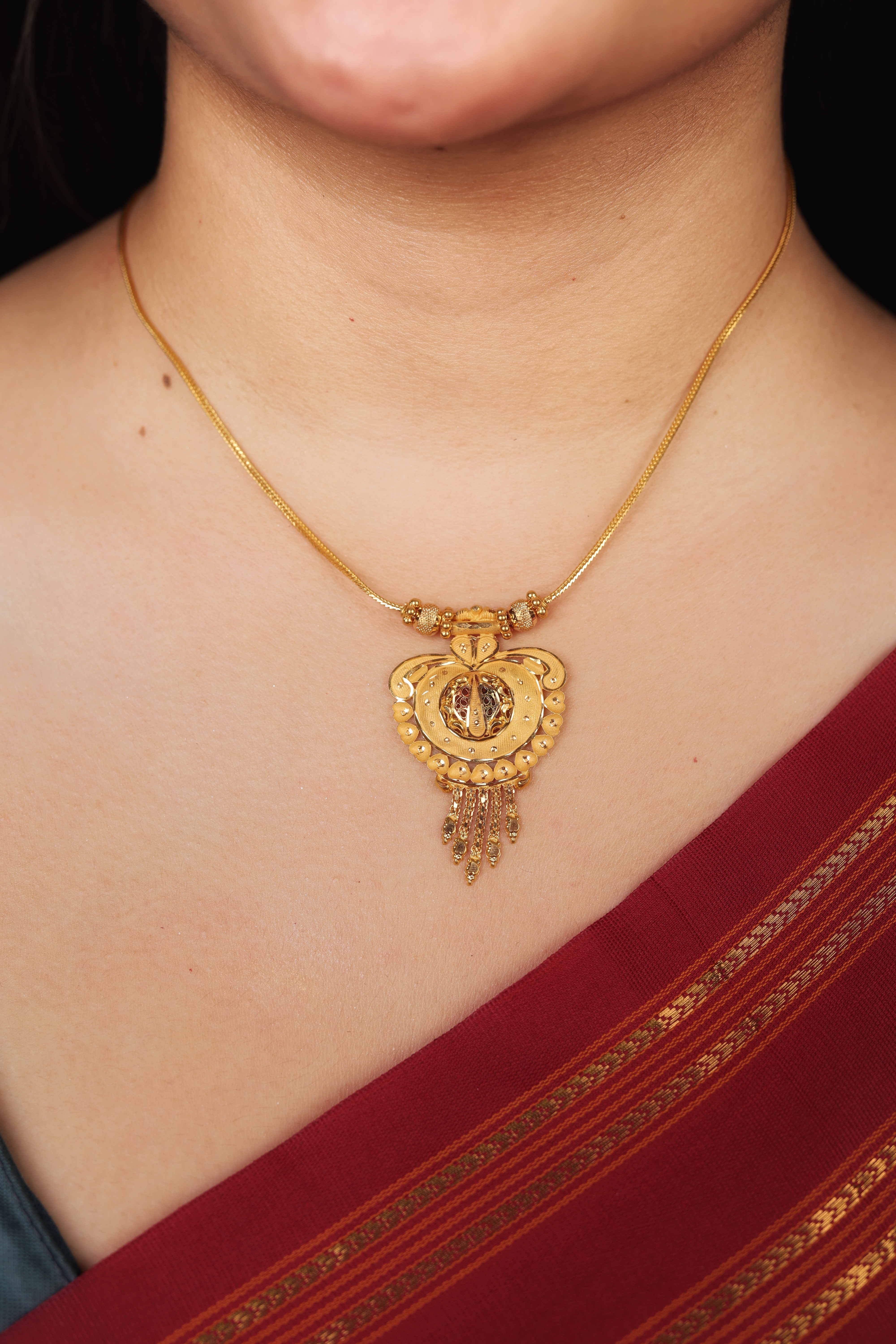 22K Gold Traditional Heart Pendant Necklace | Layered Filigree Drops