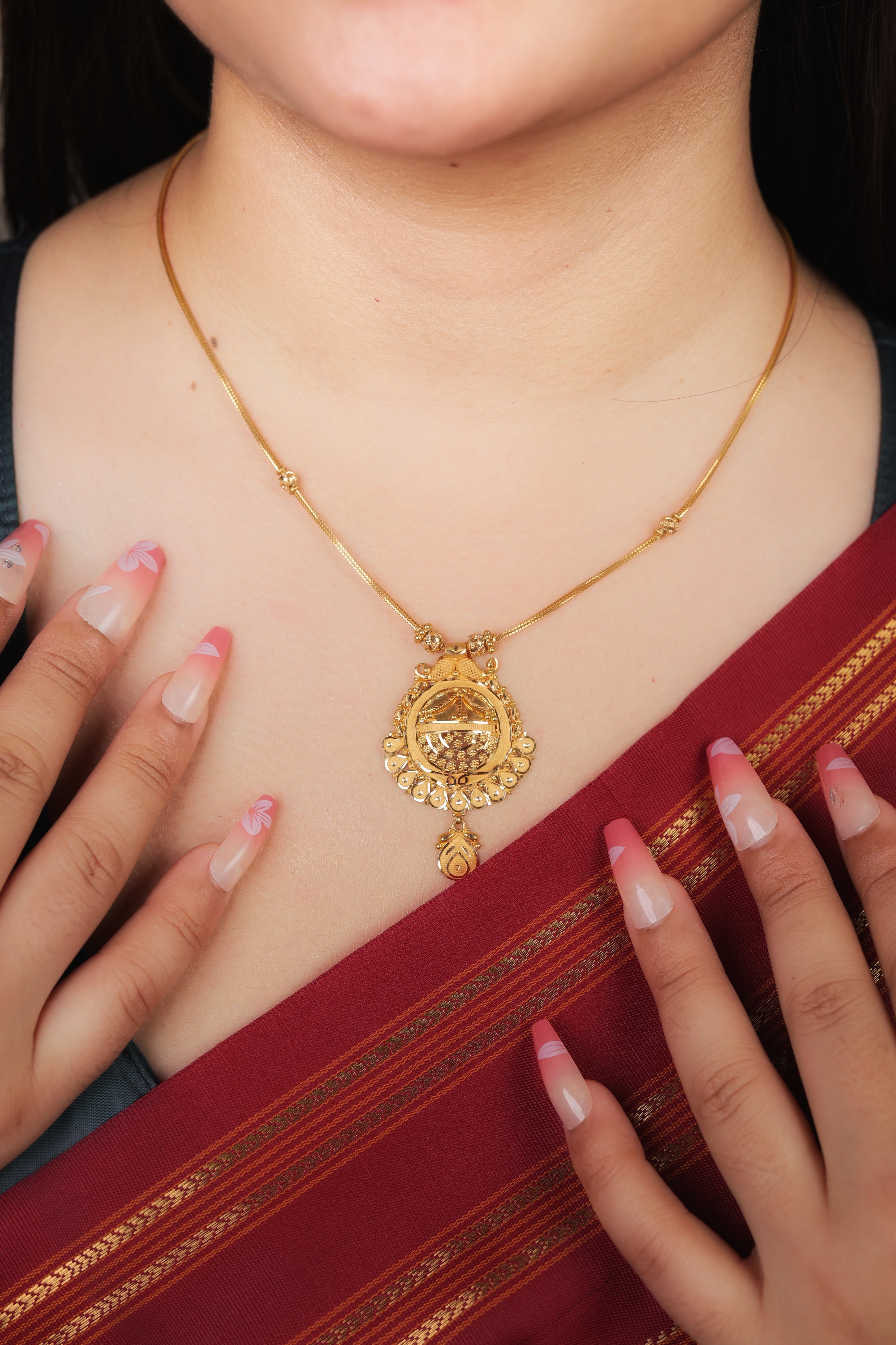 22K Gold Traditional Floral Medallion Pendant Necklace | Filigree Design