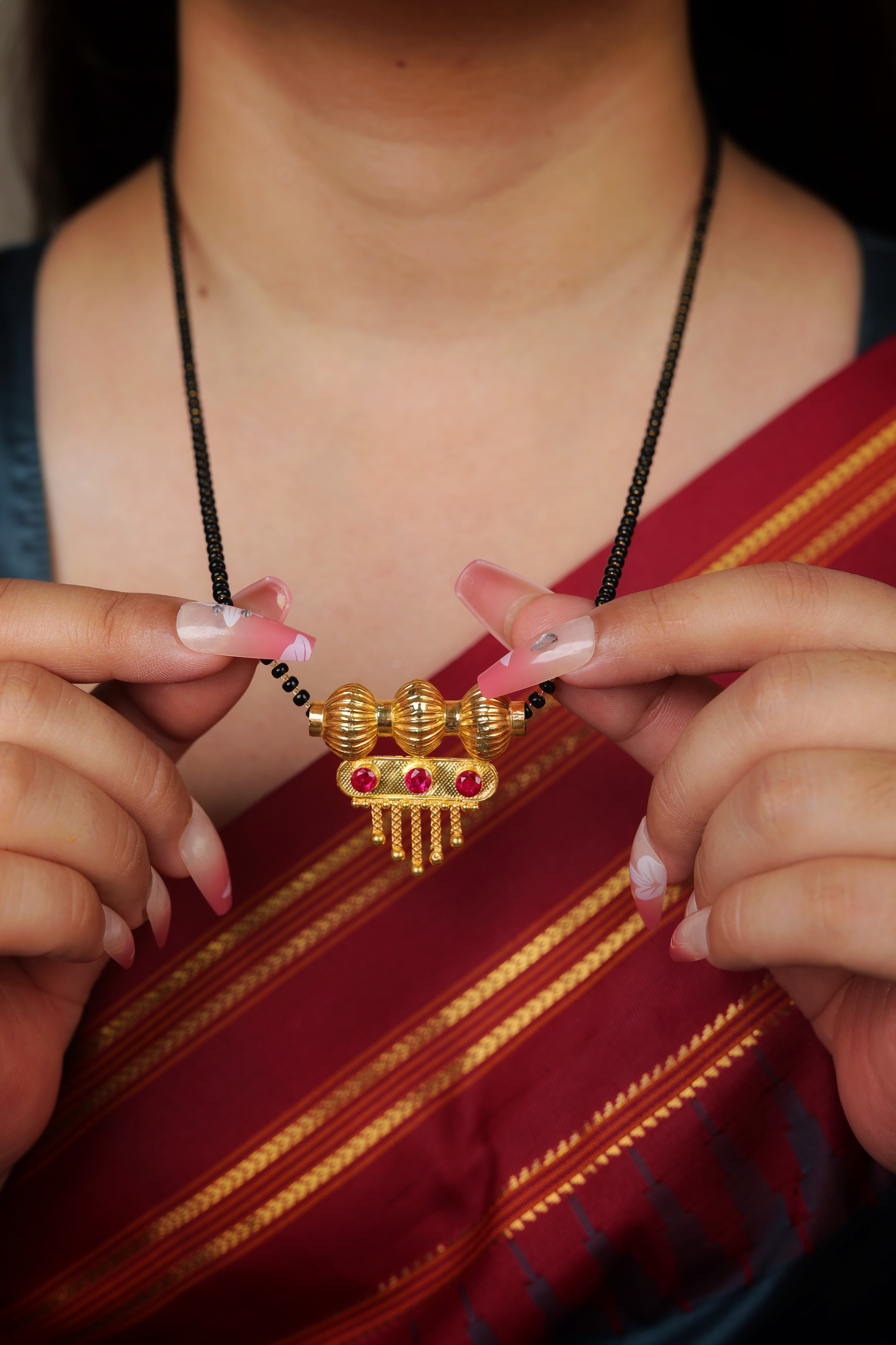 22K Gold Temania Mangalsutra Pendant – Traditional Bead Design with Ruby Stones