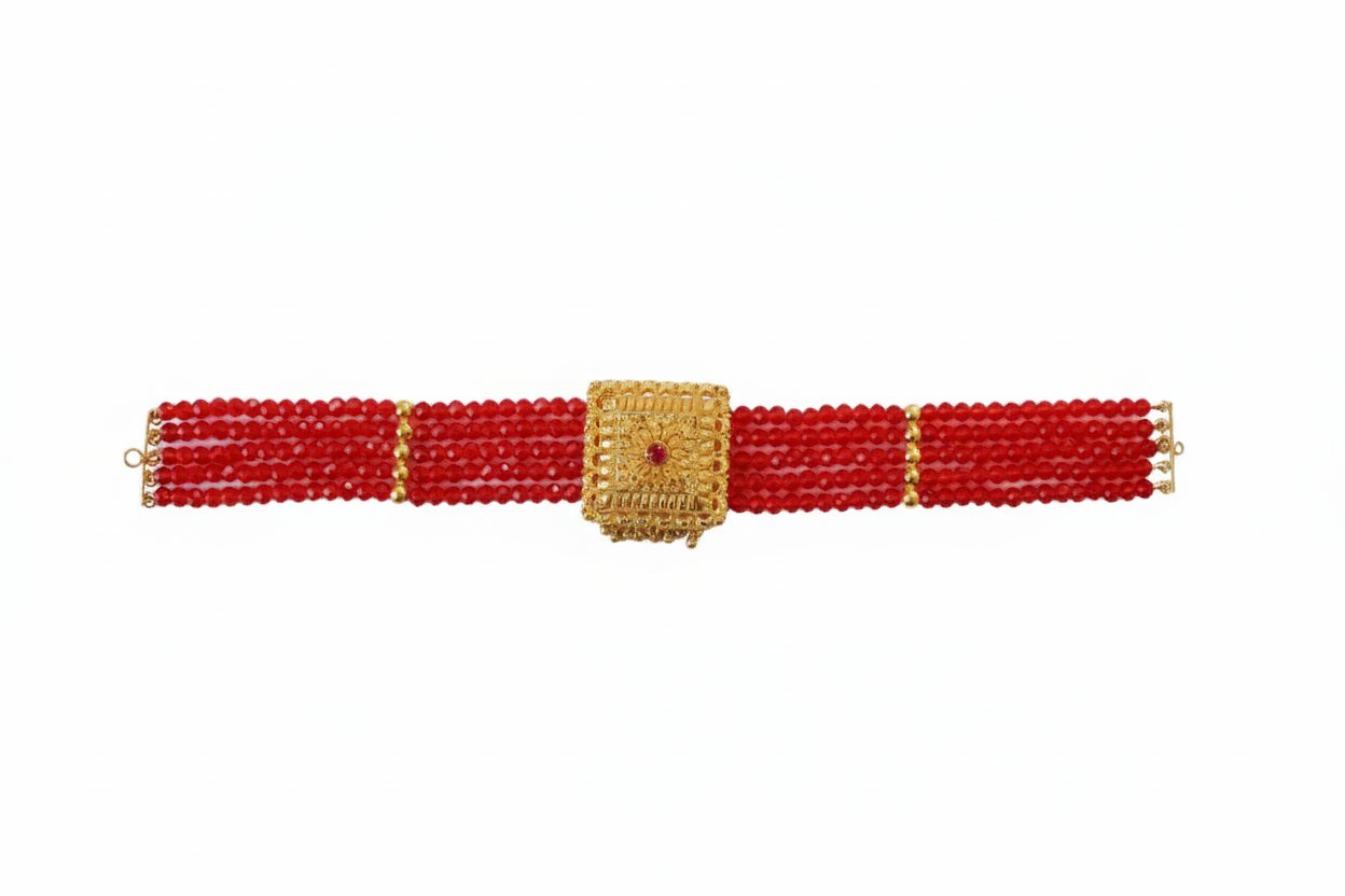 Traditional Red Beaded Chokhar with 22K Gold Centerpiece | Jaishree Jewellers