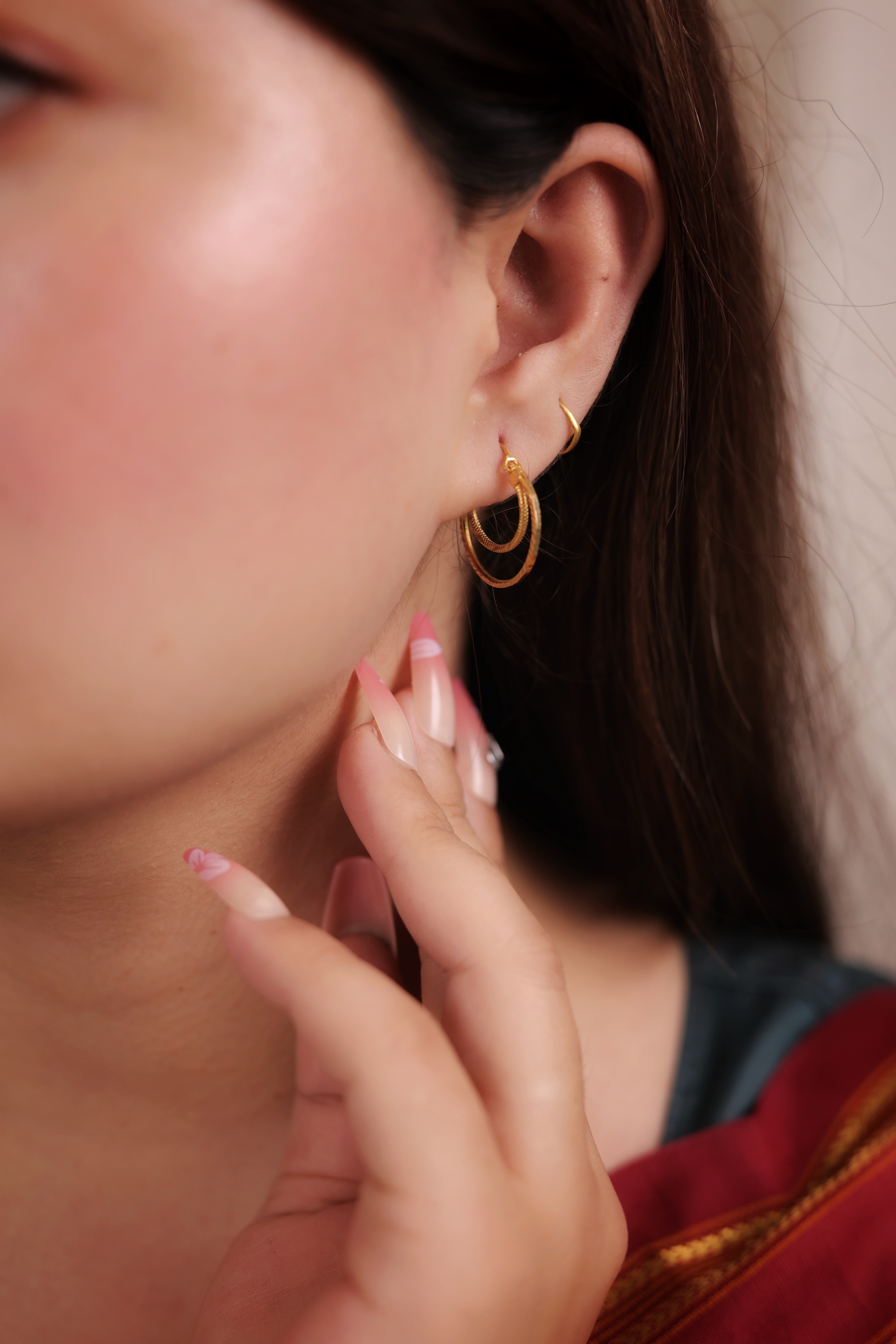 Delicate Double Layered Gold-Plated Bali Hoops | Small Nested/Stacked Look Earrings | Dimensional Daily Wear