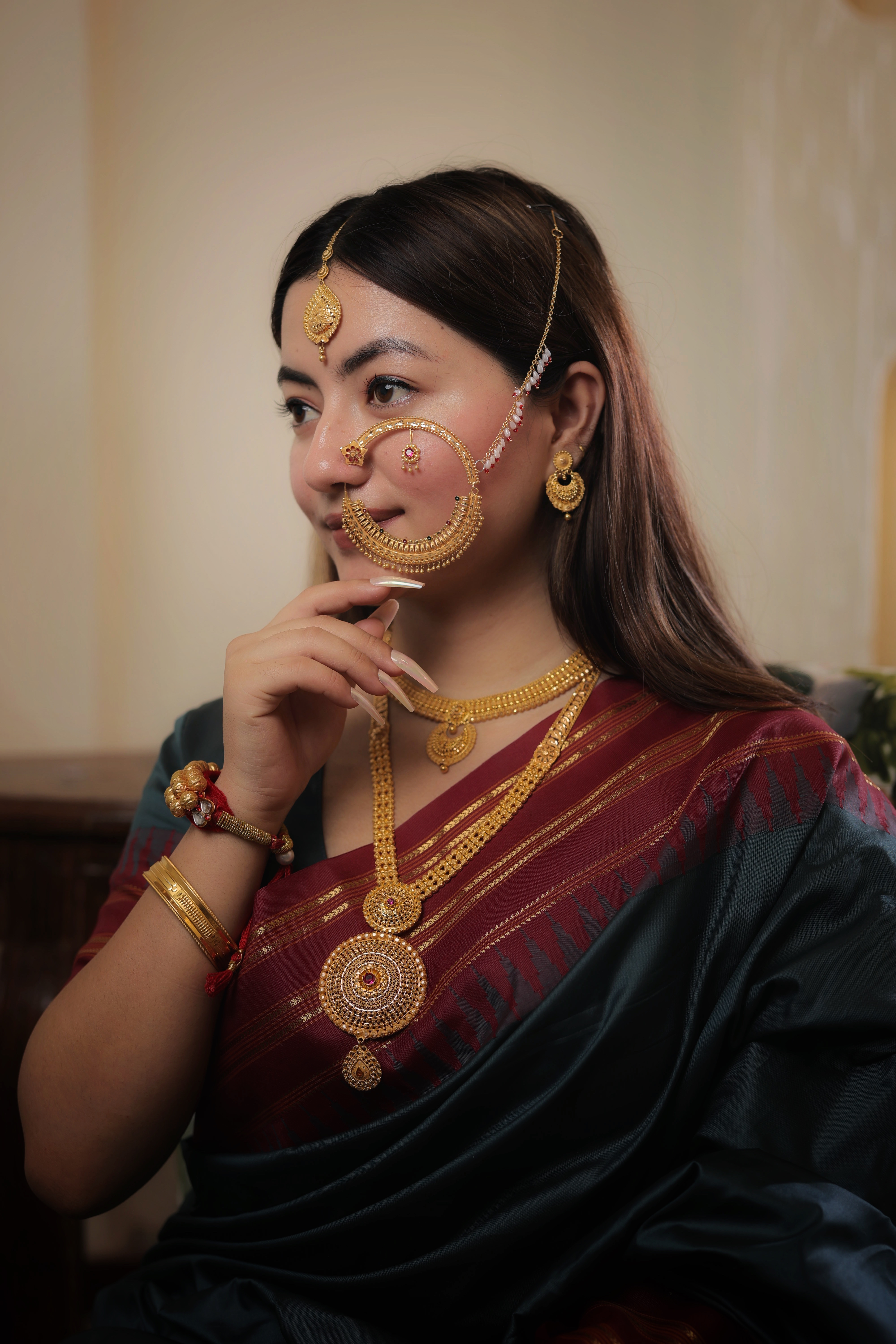 Grand Traditional Solid Gold Nath | Heavy Ornate Border Nose Ring with Drop Accents | Pure Gold Bridal Statement