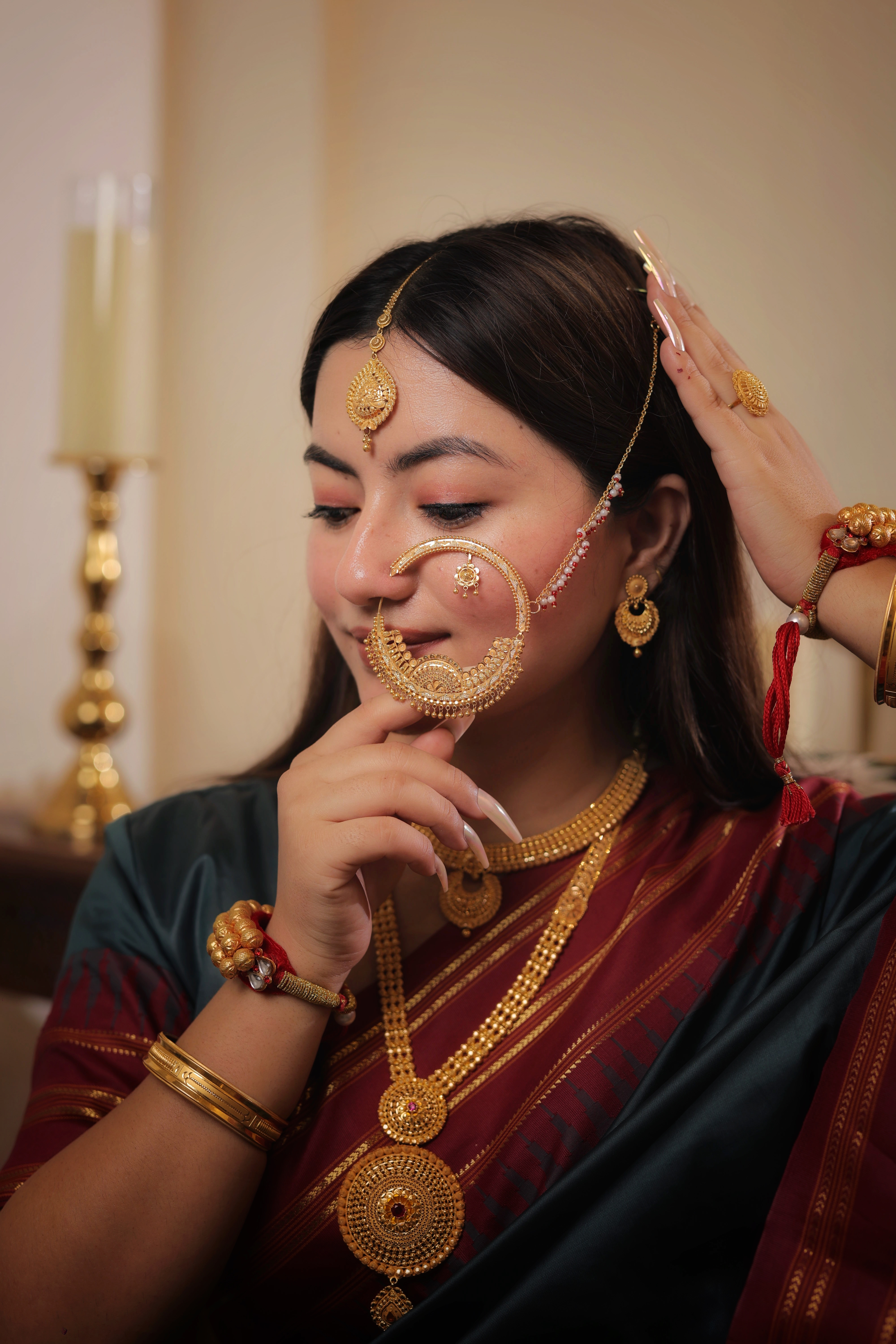 Authentic Solid Gold Nath | Ornate Fringed Drop Border Nose Ring with Inner Charm | Grand Bridal Statement