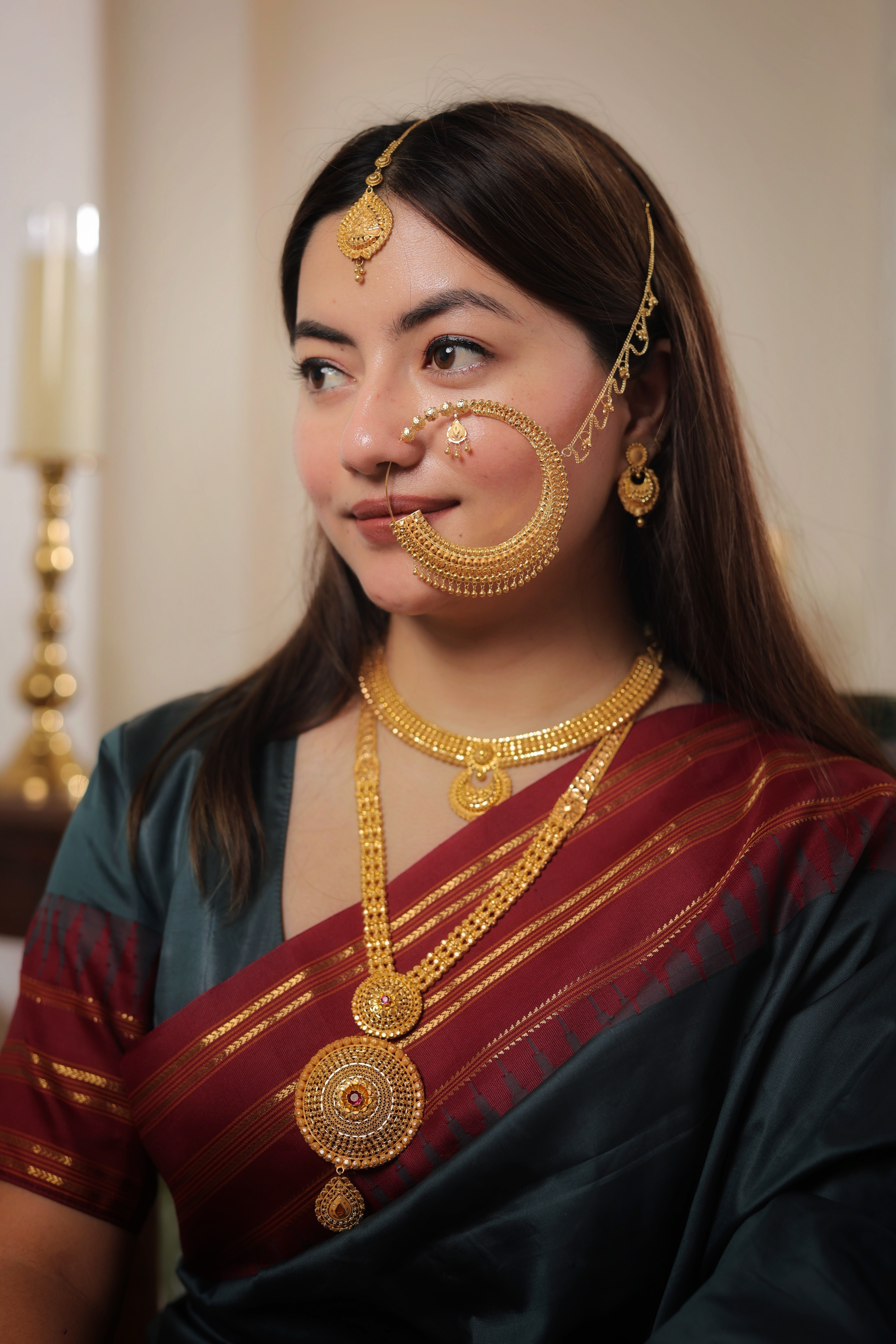 Grand Traditional Solid Gold Nath | Heavy Ornate Border Nose Ring with Drop Accents | Pure Gold Bridal Statement