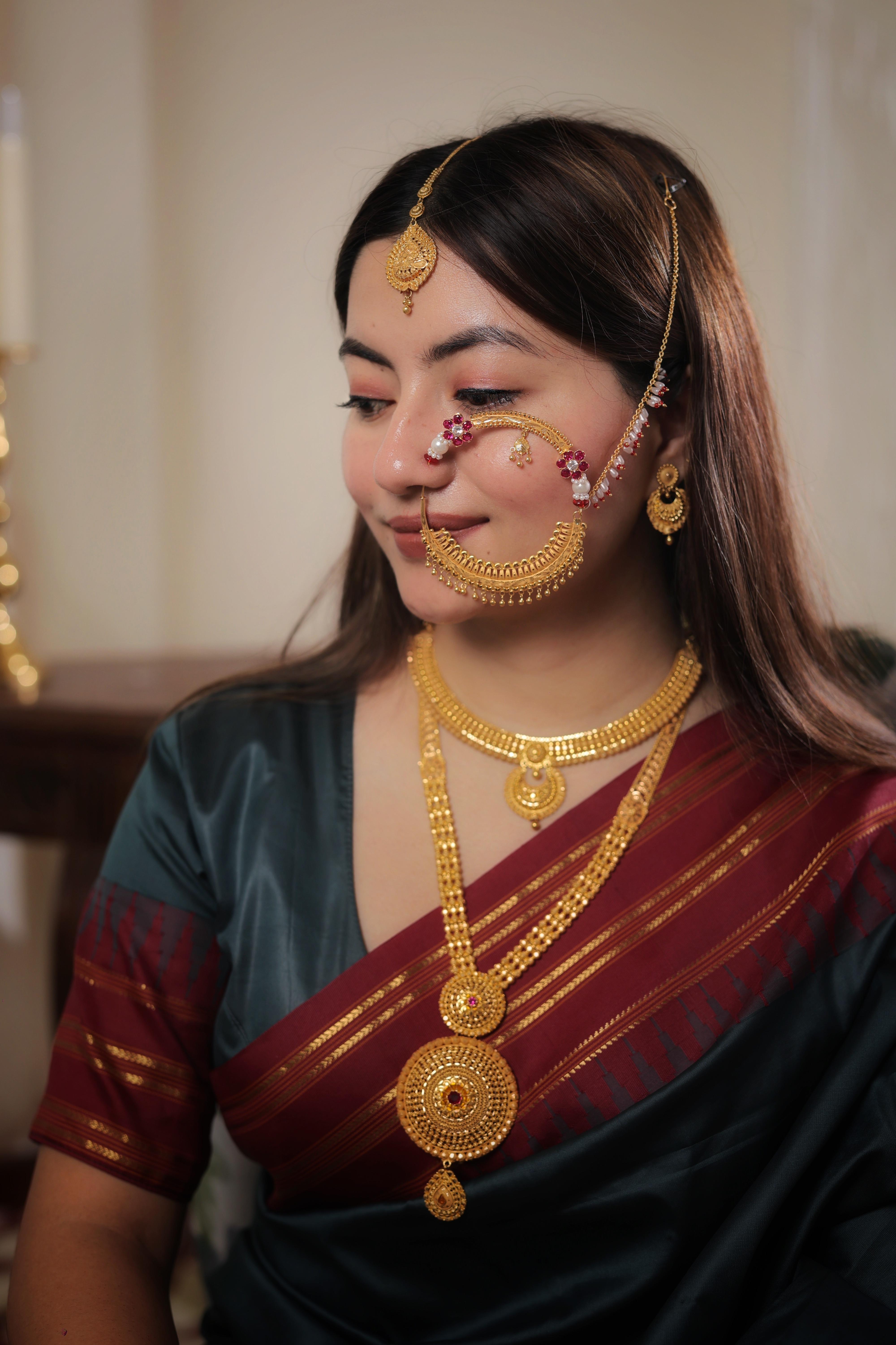 Grand 22K Gold Traditional Nath (Nose Ring) with Pearls and Ruby Accents