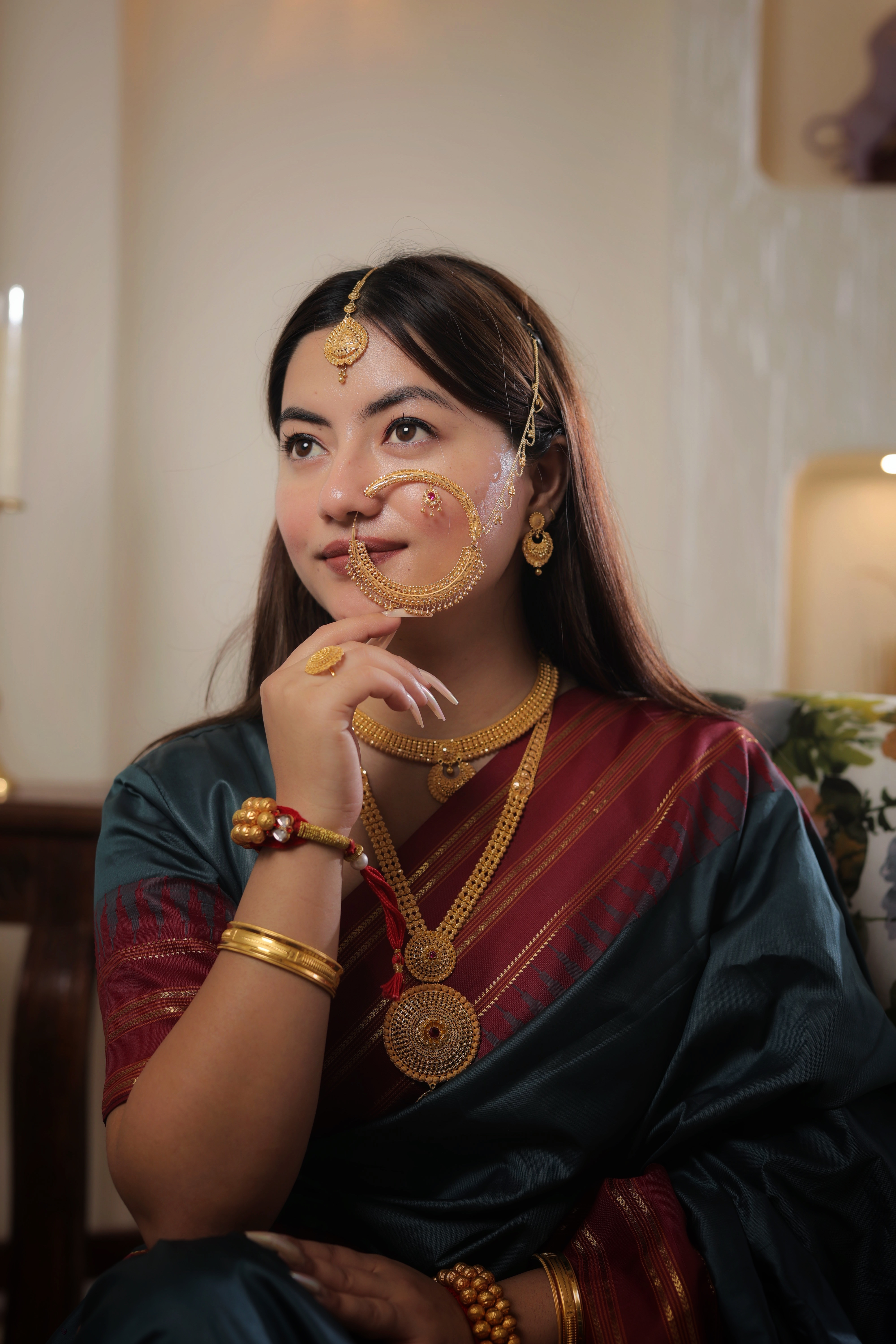 Grand 22K Gold Traditional Bridal Nath with Pearl and Ruby Accents