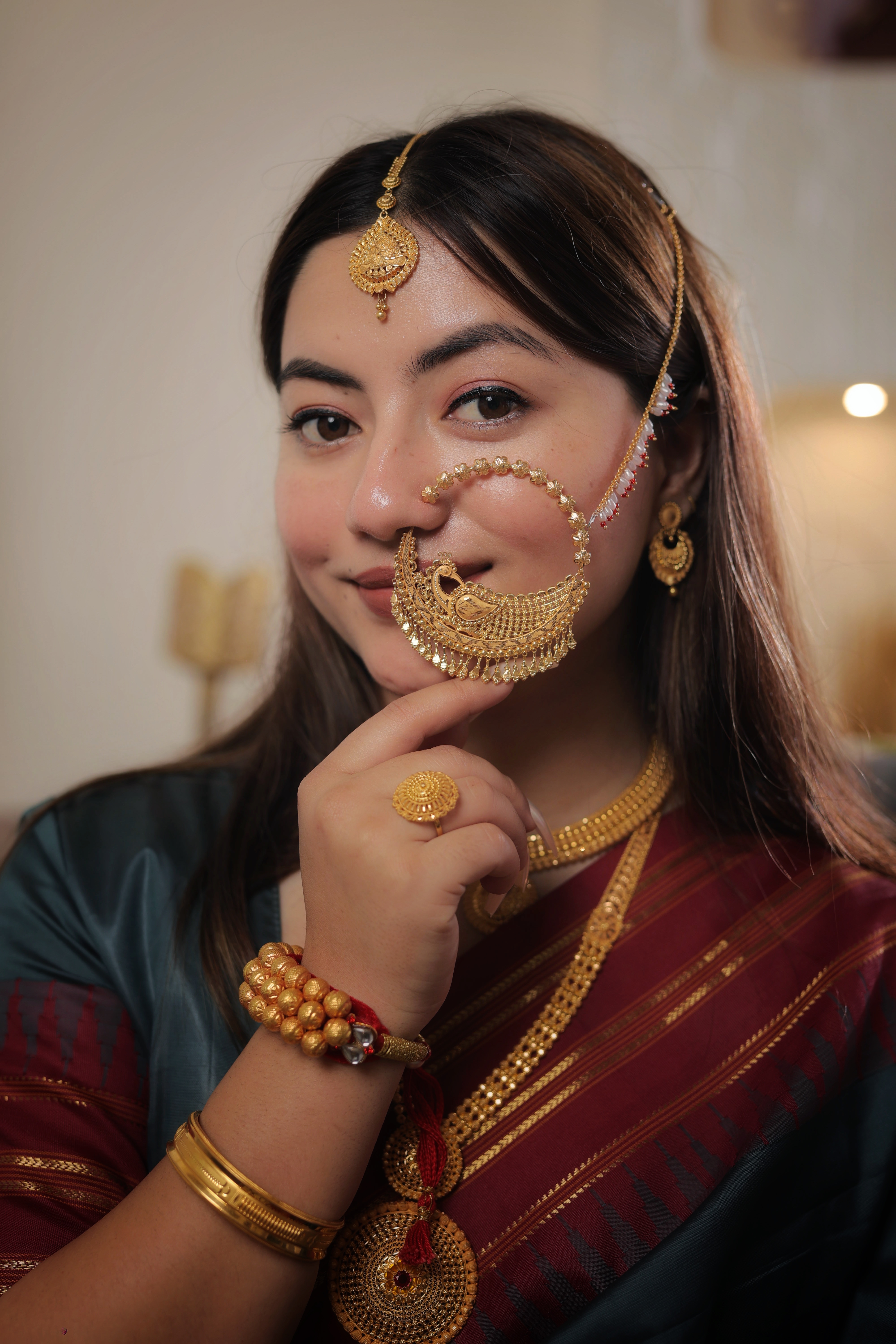 Grand 22K Gold Traditional Bridal Nath with Elaborate Filigree and Chain