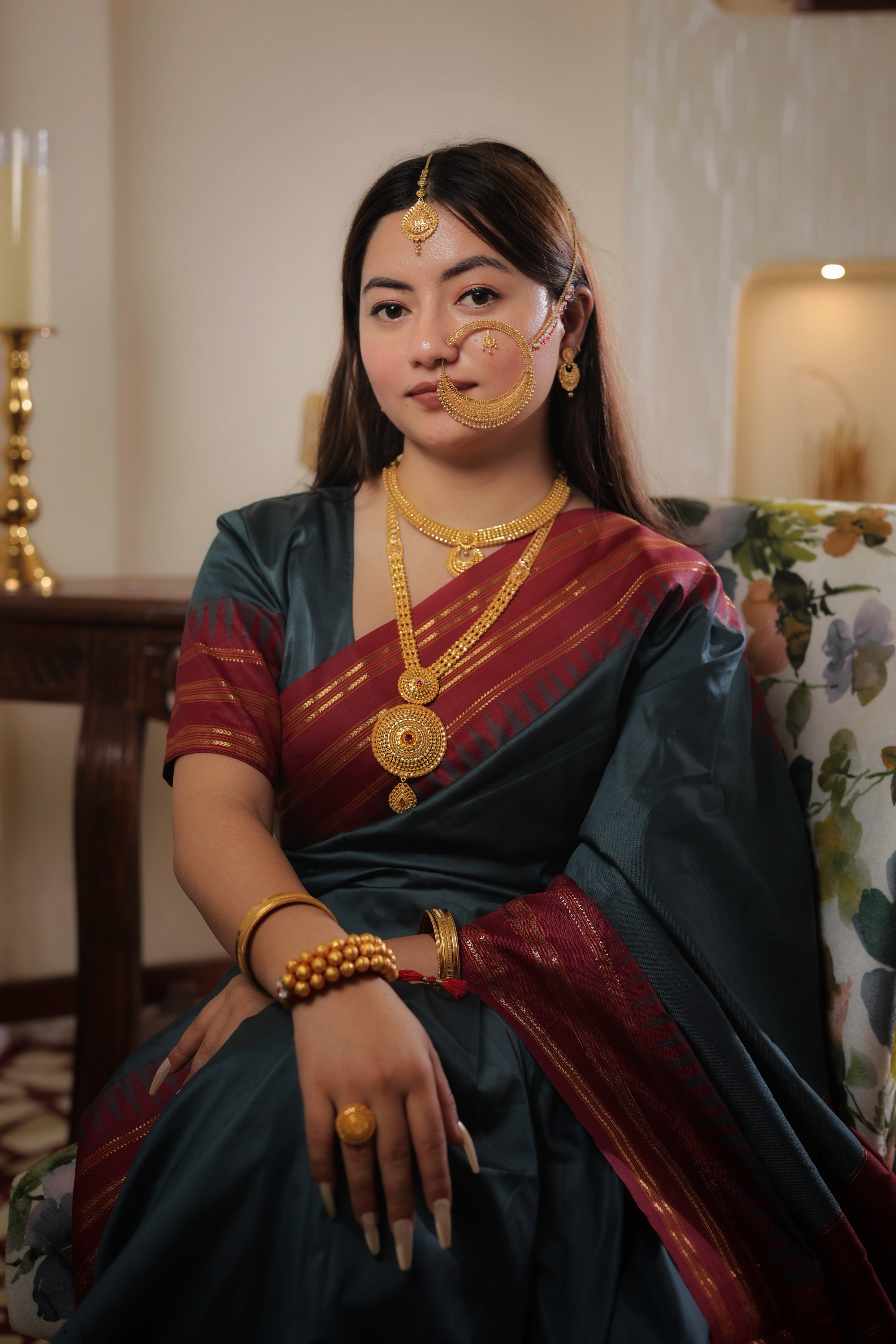 Grand 22K Gold Traditional Bridal Nath with Elaborate Filigree and Chain