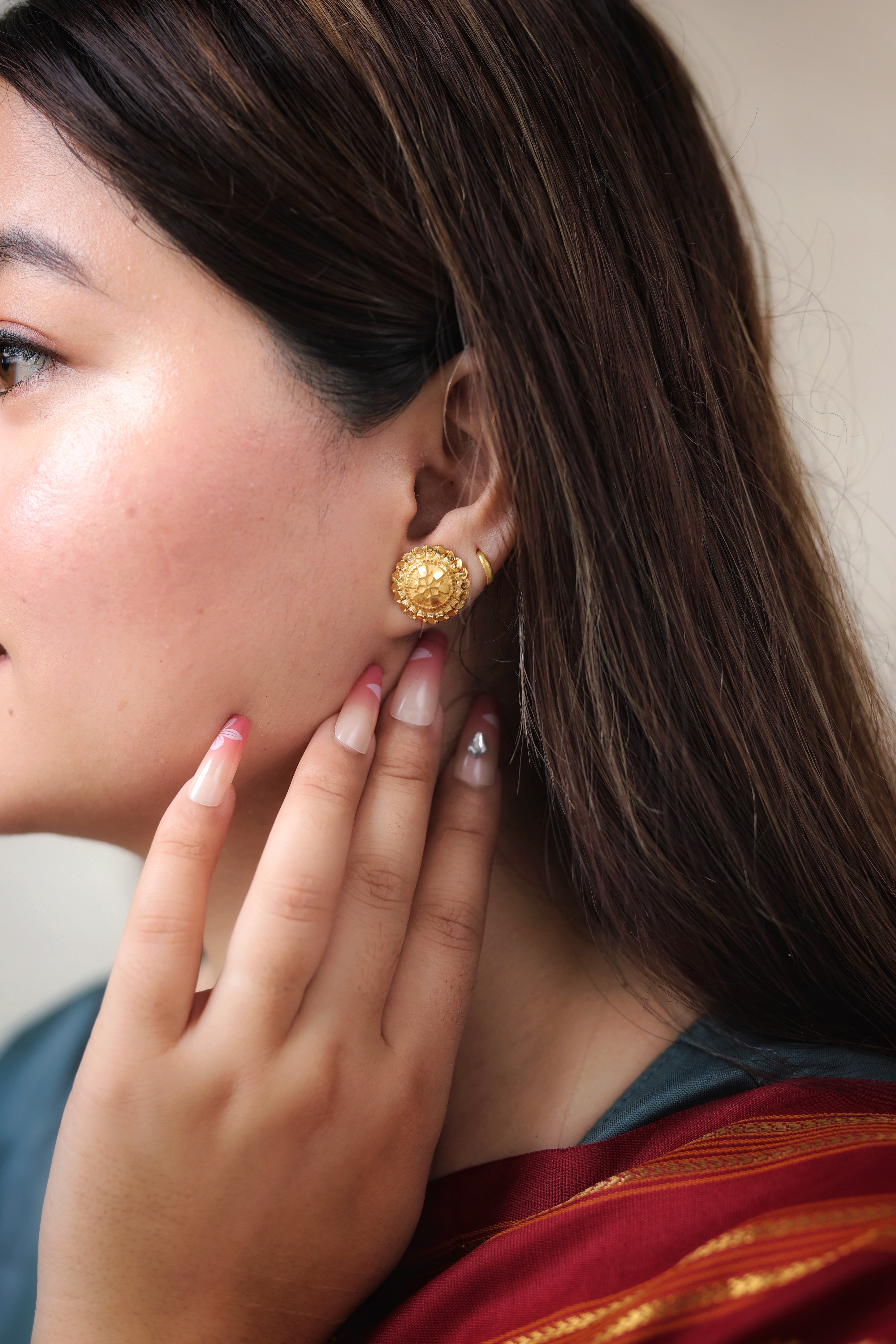 Traditional Dome Gold Stud Earrings with Fine Granulation