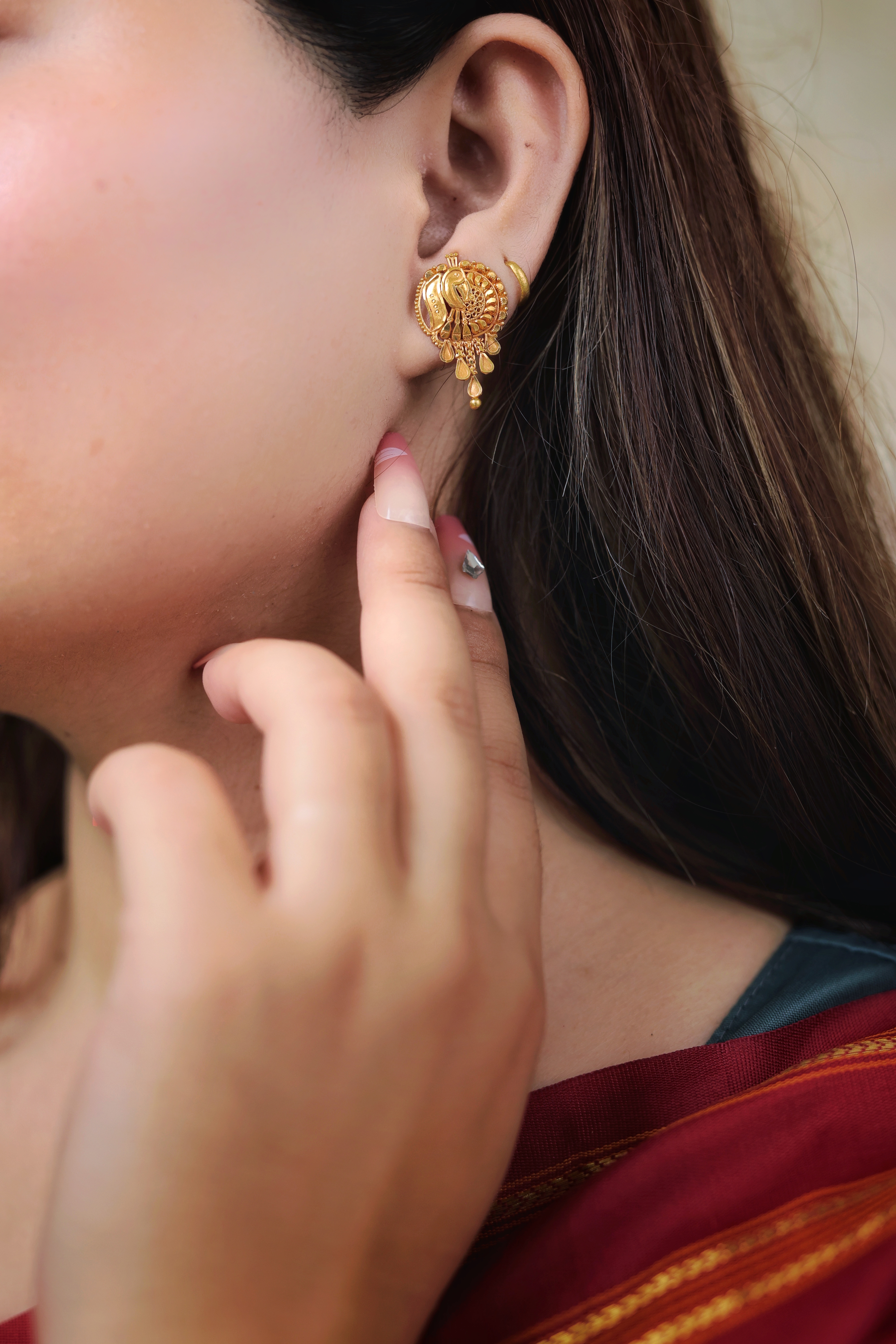 Traditional Dome Gold Stud Earrings with Dangling Drops