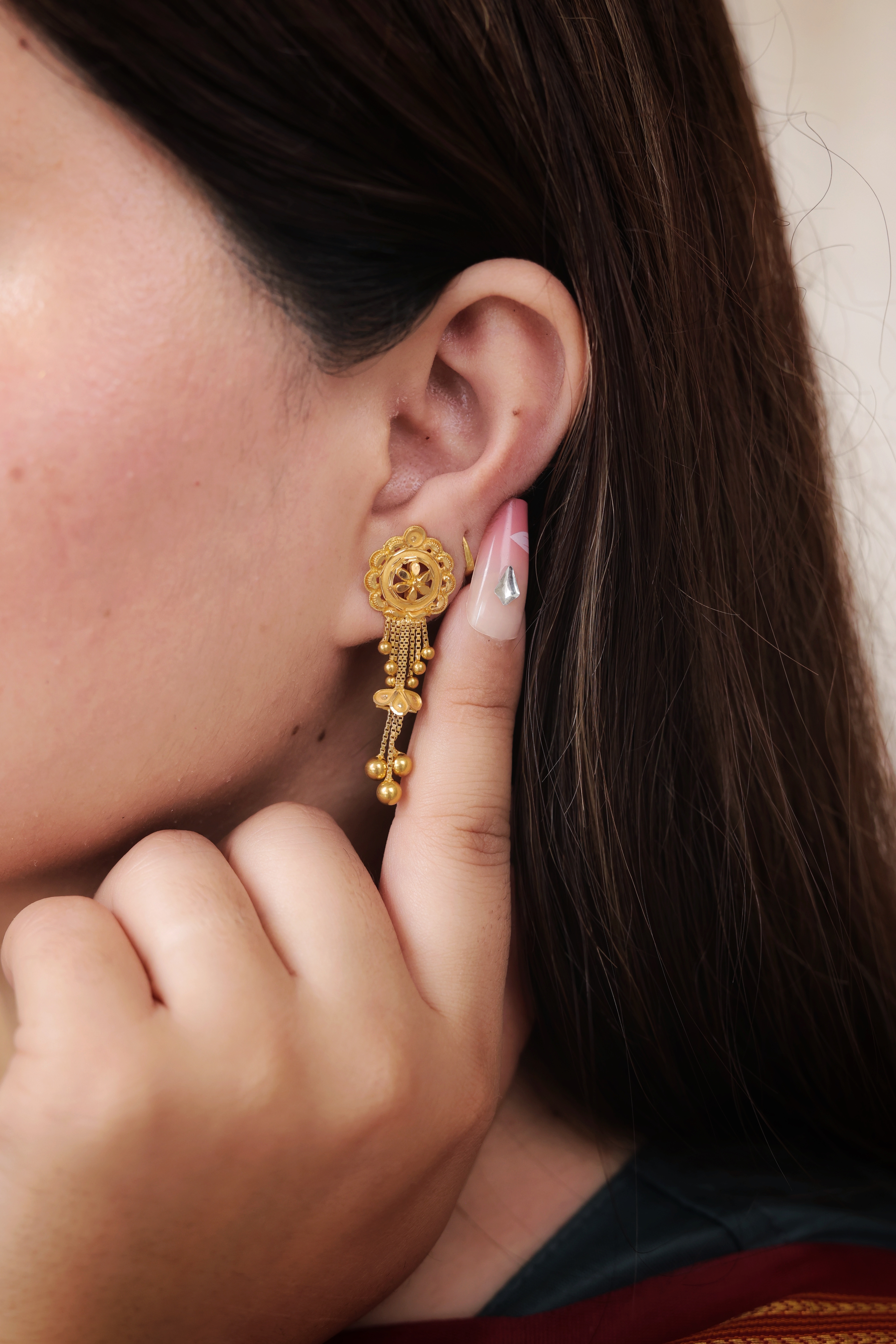 Traditional Floral Gold Stud Earrings with Cascading Chains and Drops