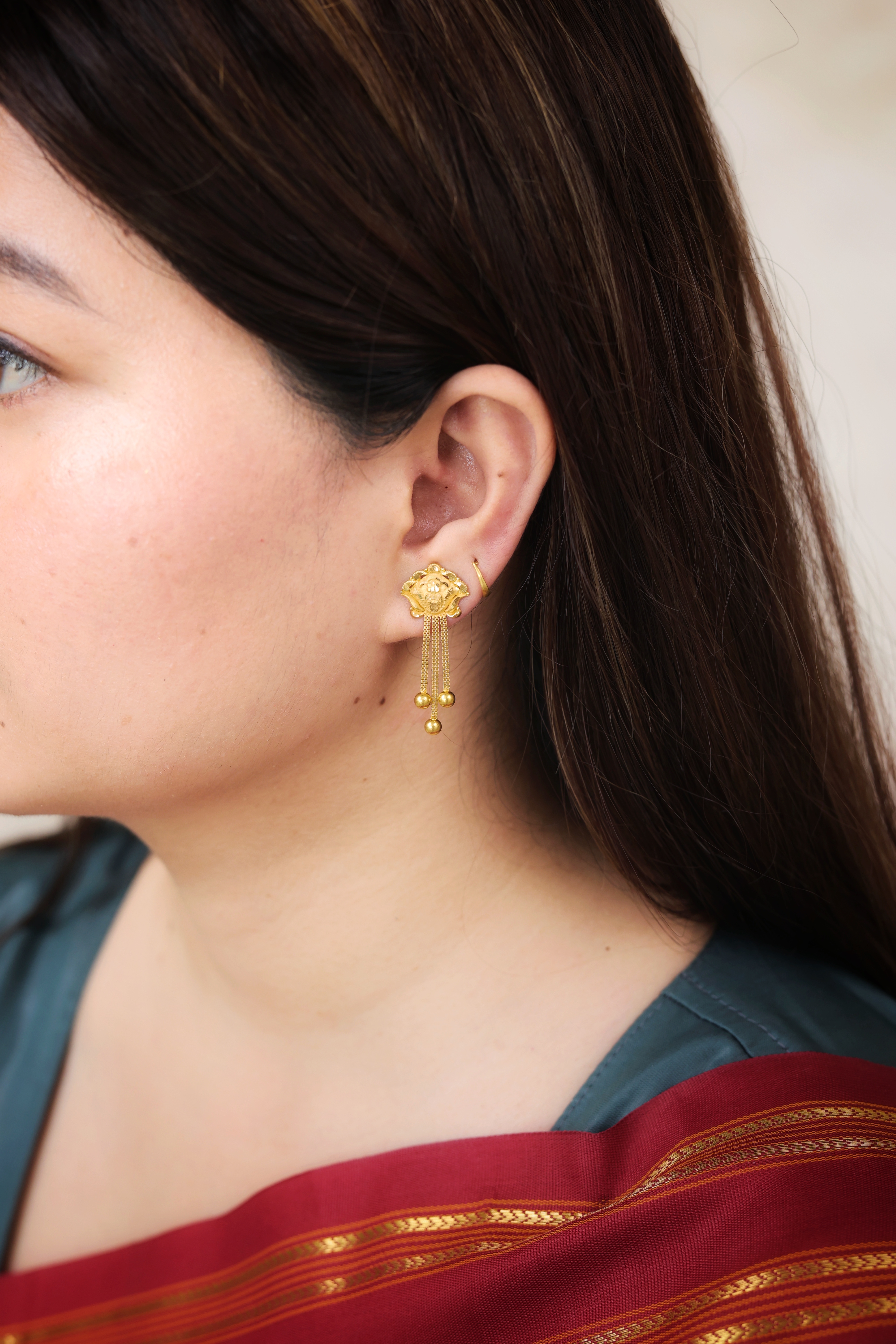 Traditional Floral Gold Stud Earrings with Cascading Chains and Drops