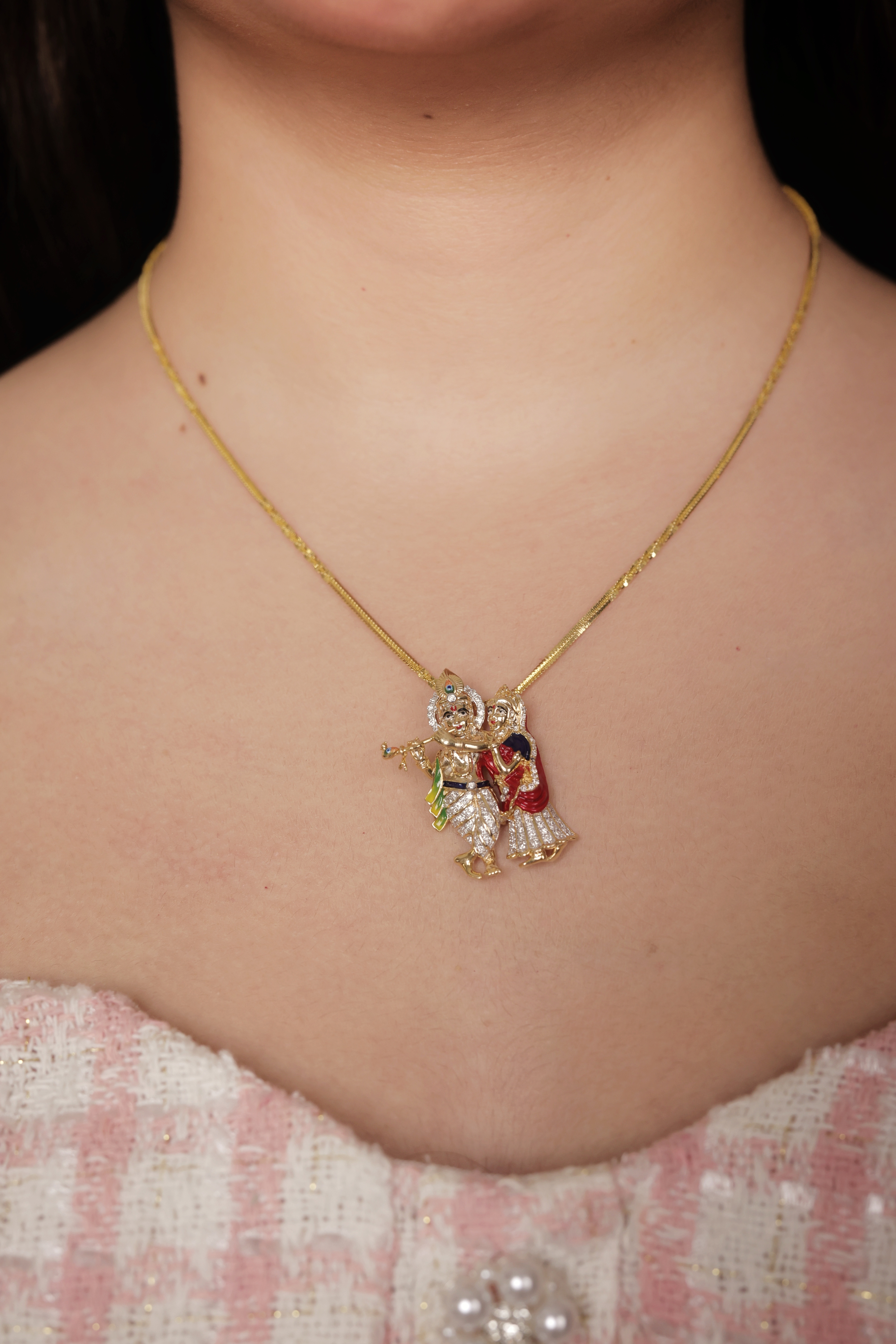 Sparkling Gold Diamond-Accent Radha Krishna Devotional Pendant
