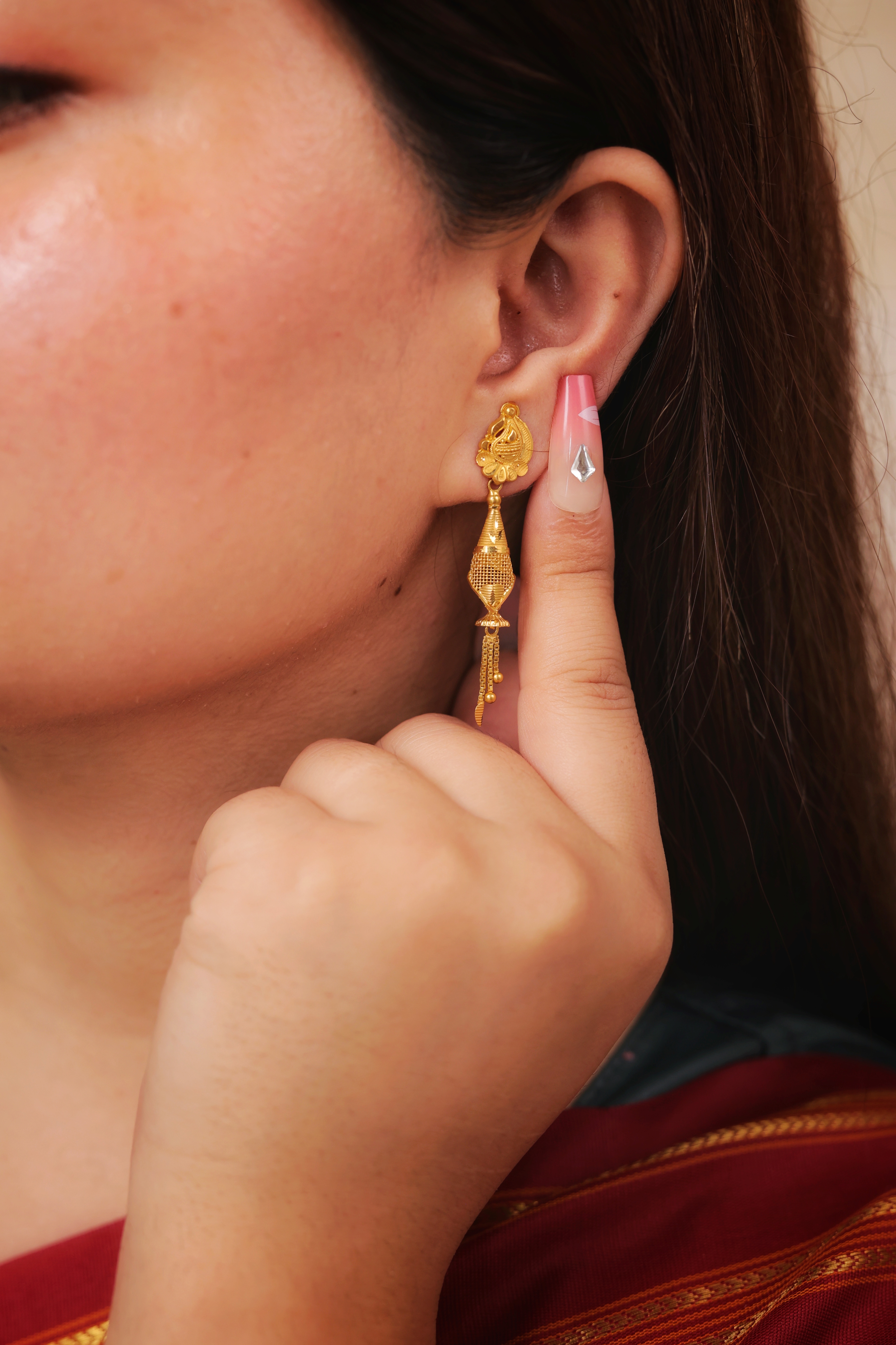 Articulated Traditional Gold Bud Drop Earrings