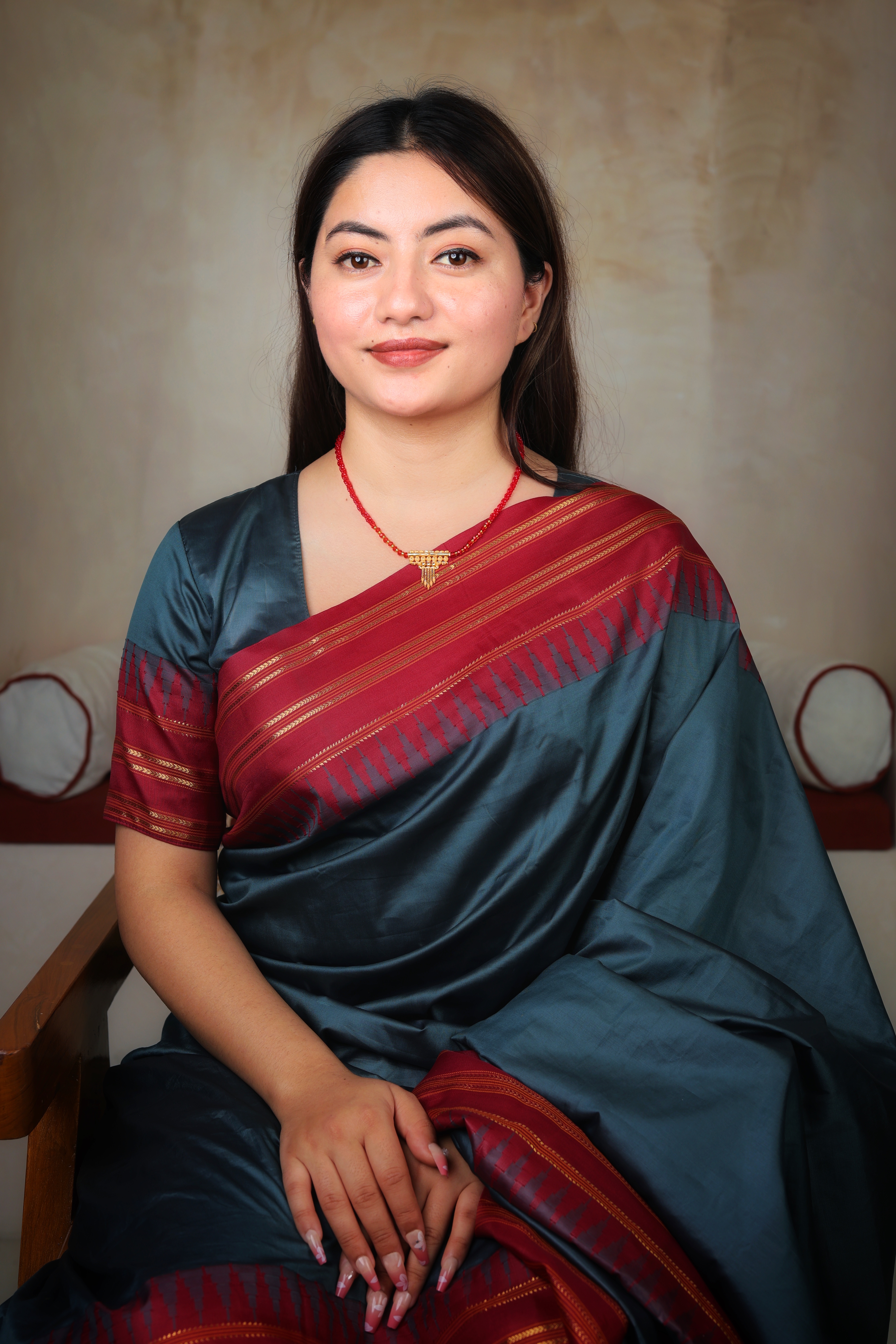 Ornate Temple-Style Gold Pendant Mangal Sutra with Red Beaded Chain