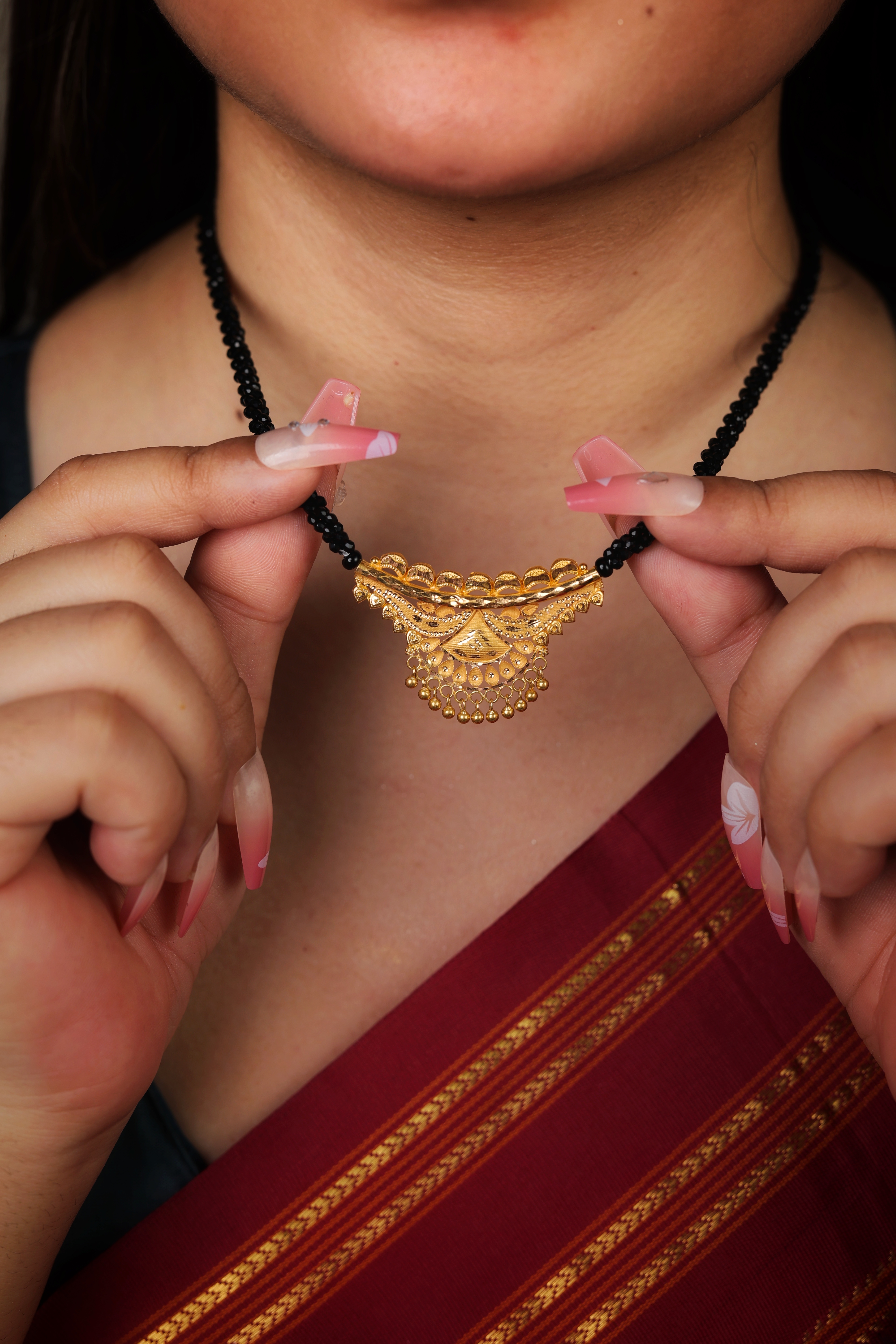 Elaborate Textured Arch Gold Pendant Mangal Sutra with Jhallar Drops