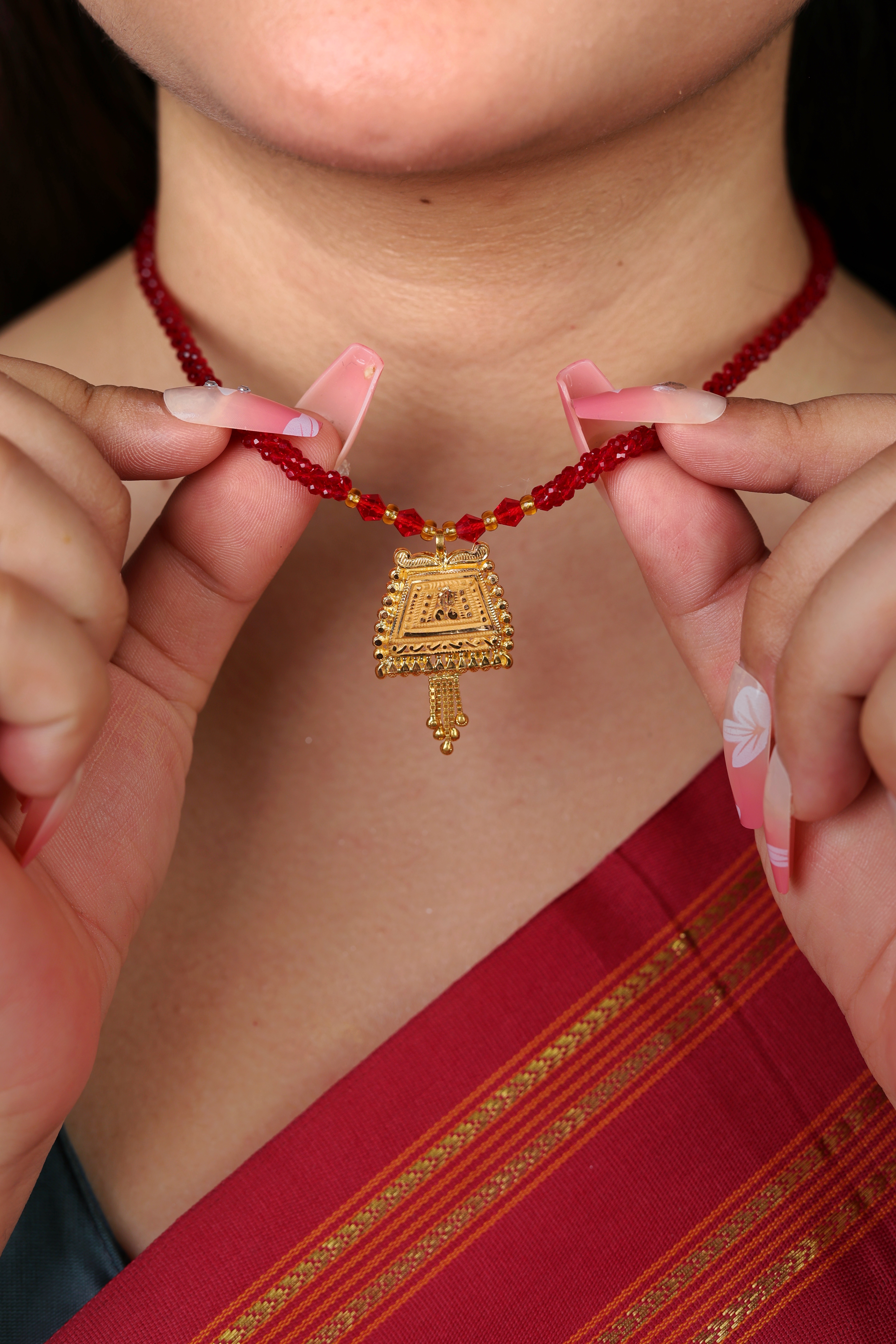 Traditional Square Temple-Style Gold Pendant Mangal Sutra with Red Beaded Chain