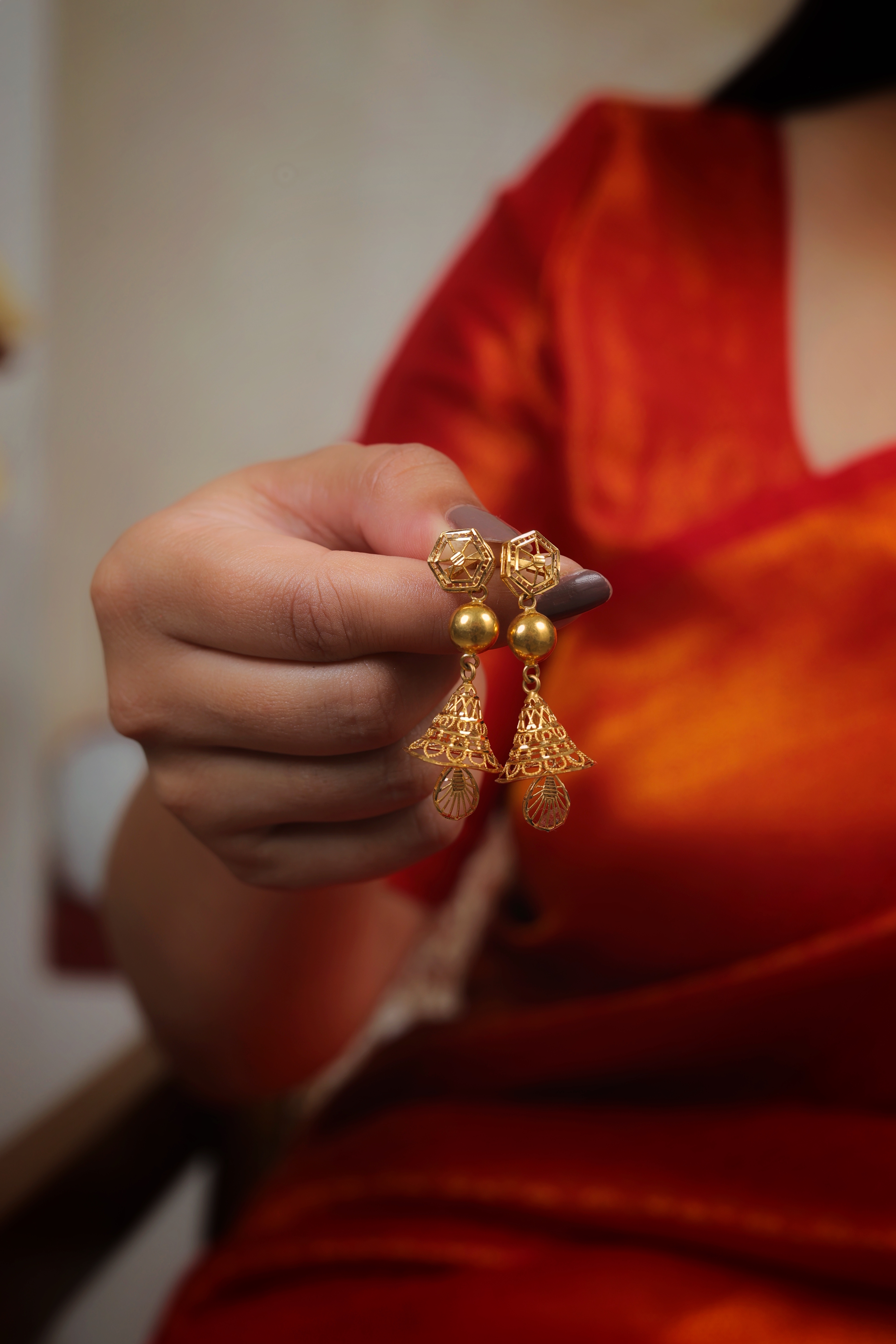 Contemporary Hexagonal Stud Gold Jhumki Earrings with Openwork Bell