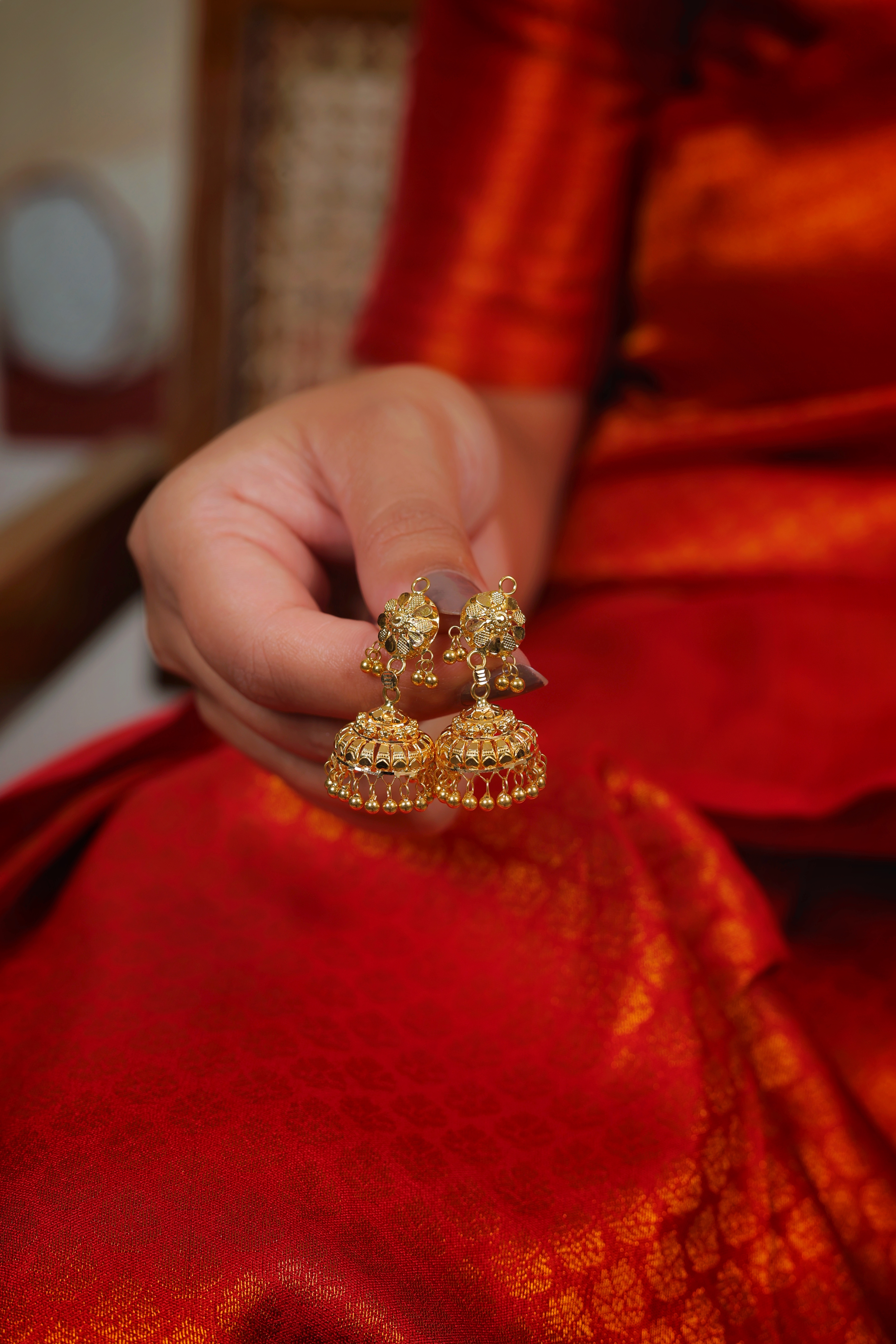 Floral Medallion Gold Jhumki Earrings with Intricate Heart-Lace Bell