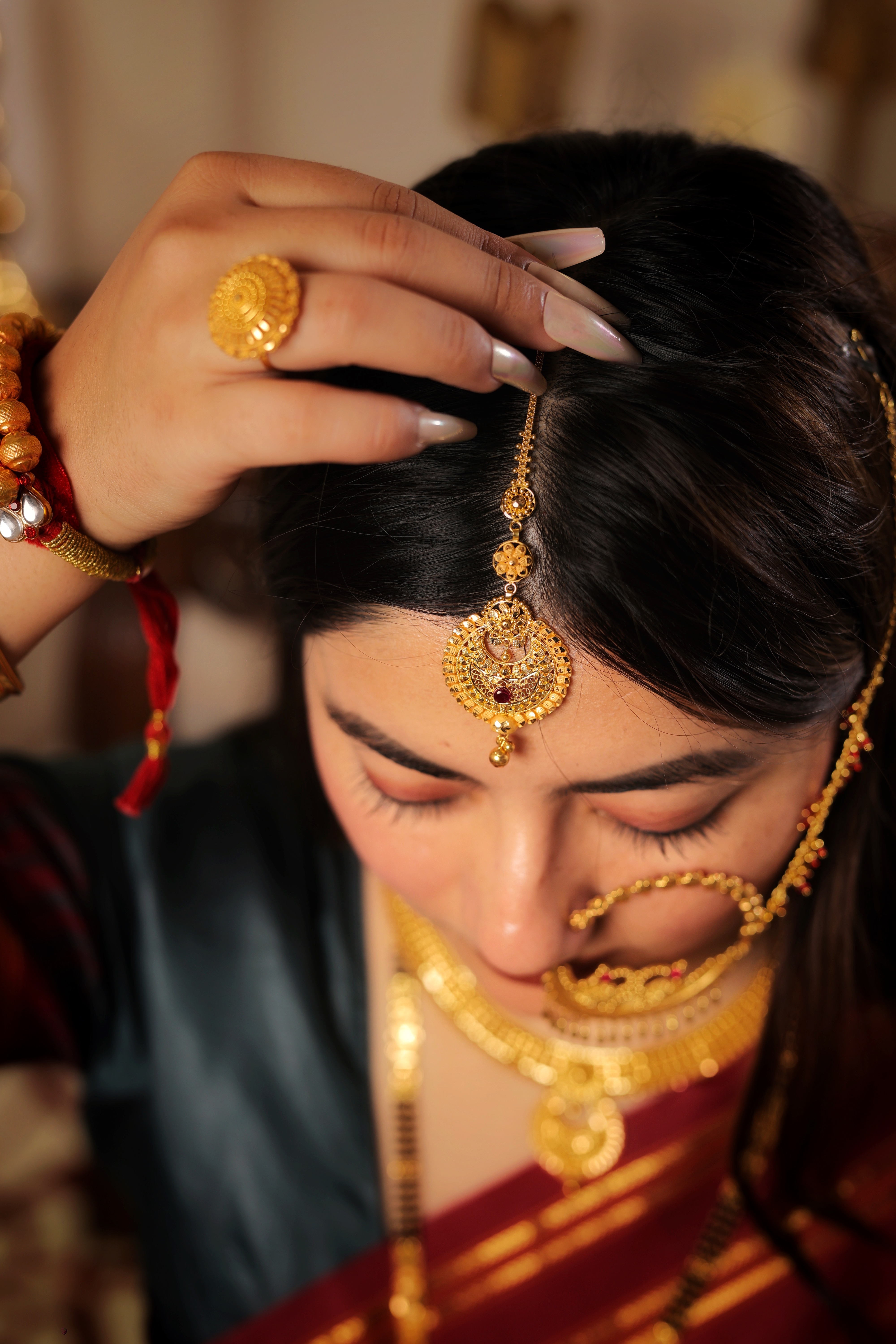 Floral Crescent Traditional Gold Maang Tika with Ruby Accent