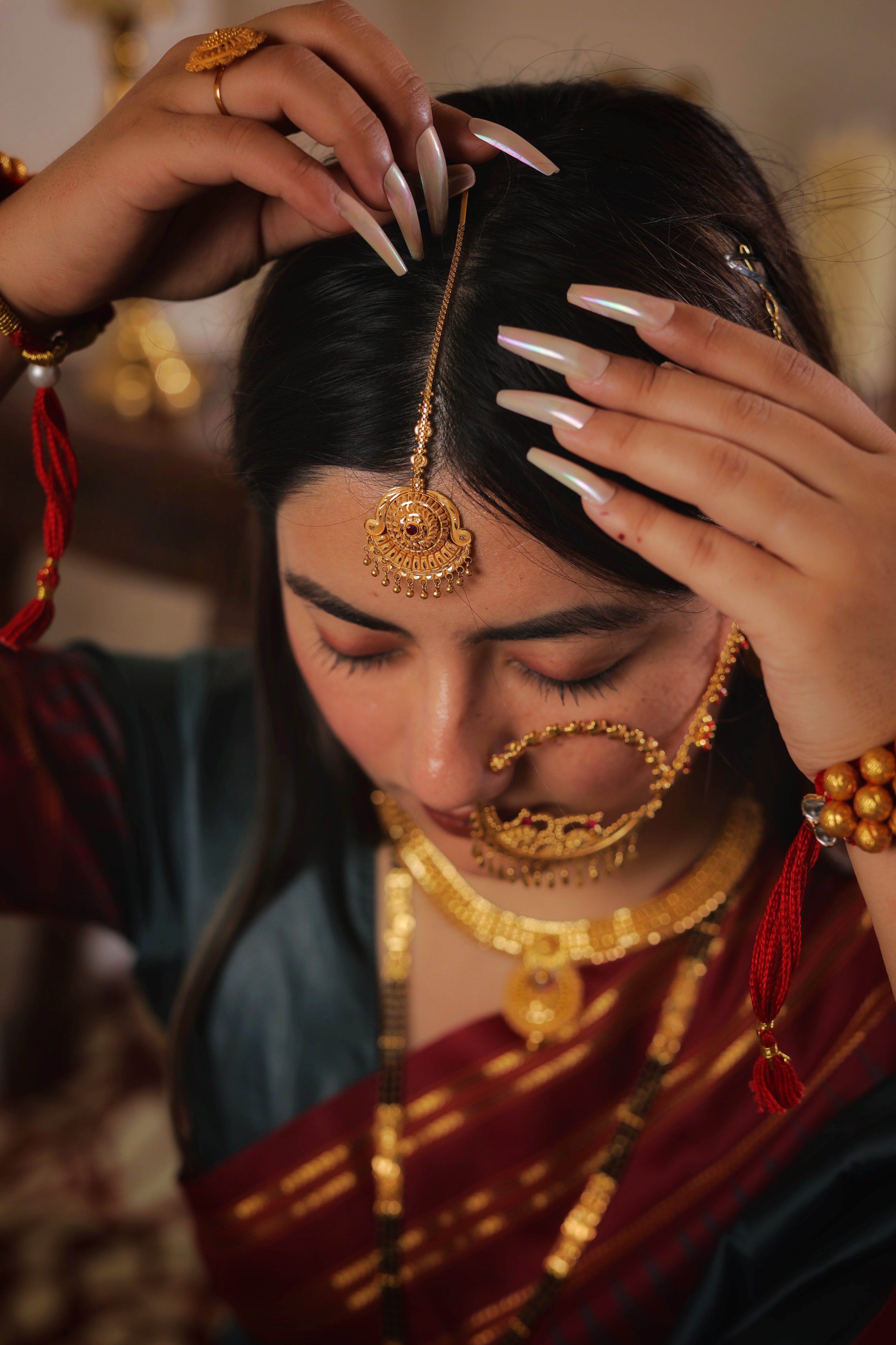 Ornate Sun-Medallion Traditional Gold Maang Tika with Beaded Fringe