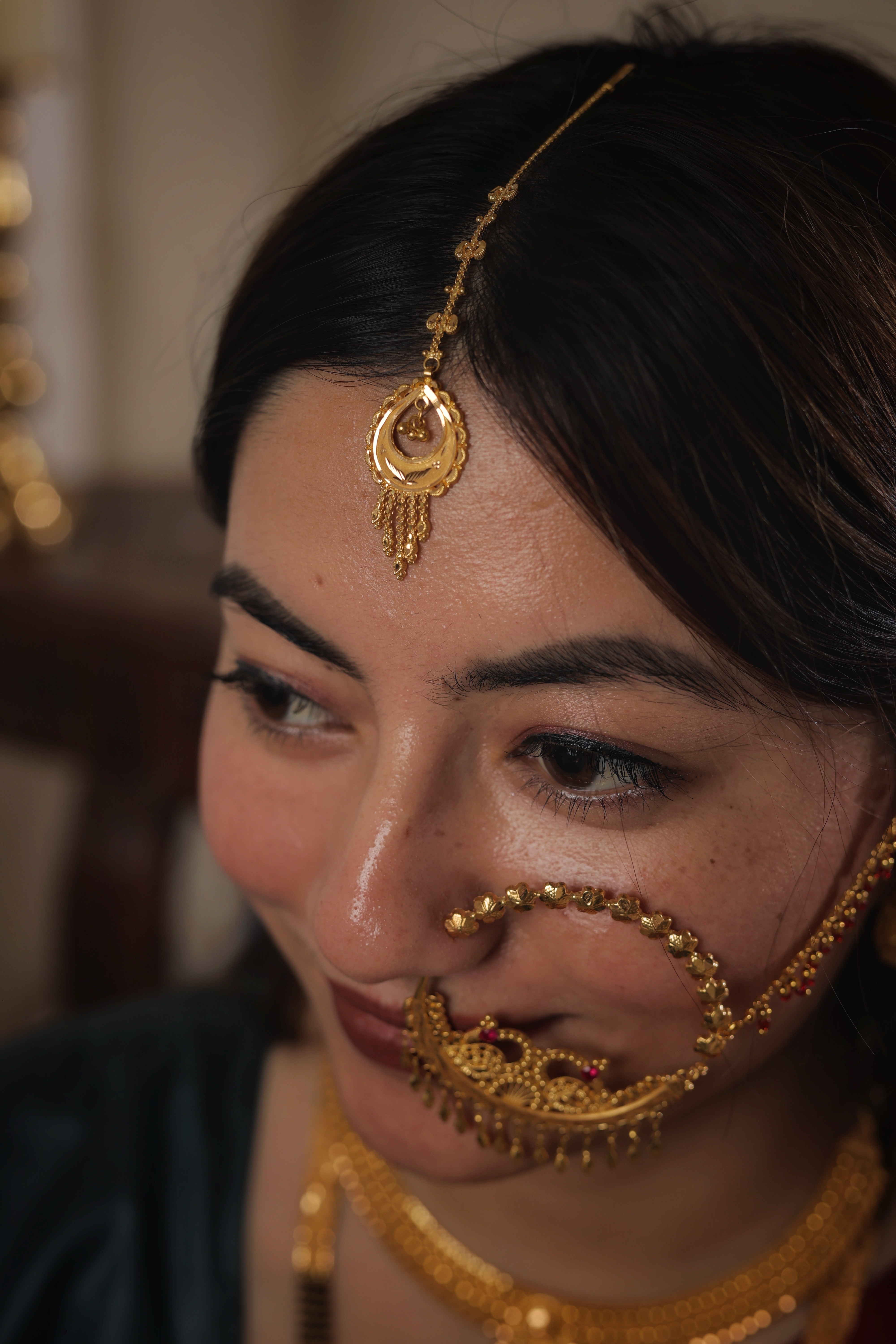 Floral Crescent Traditional Gold Maang Tika with Beaded Tassel