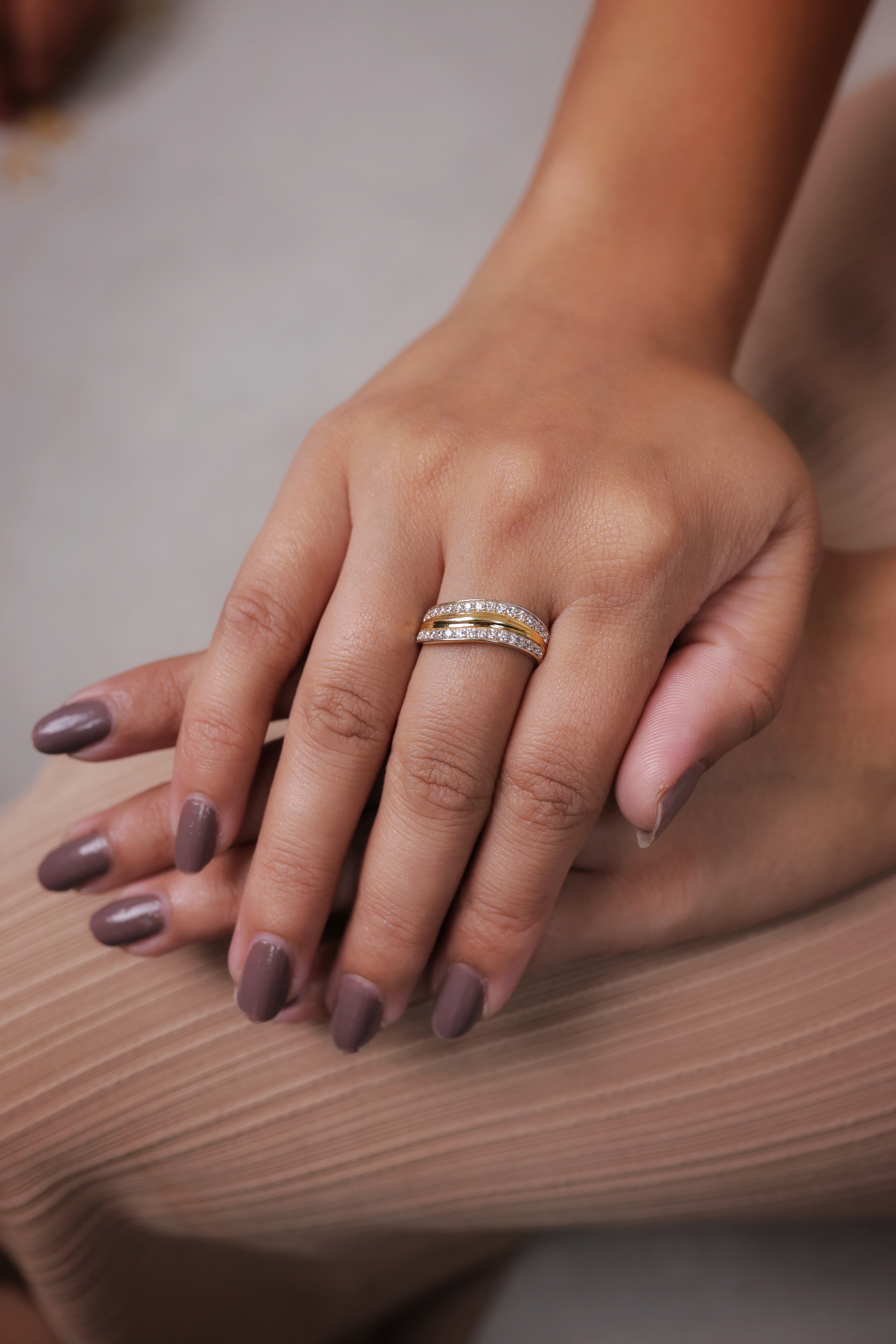 Contemporary Triple-Row Gold Band with Pavé Artificial Diamonds