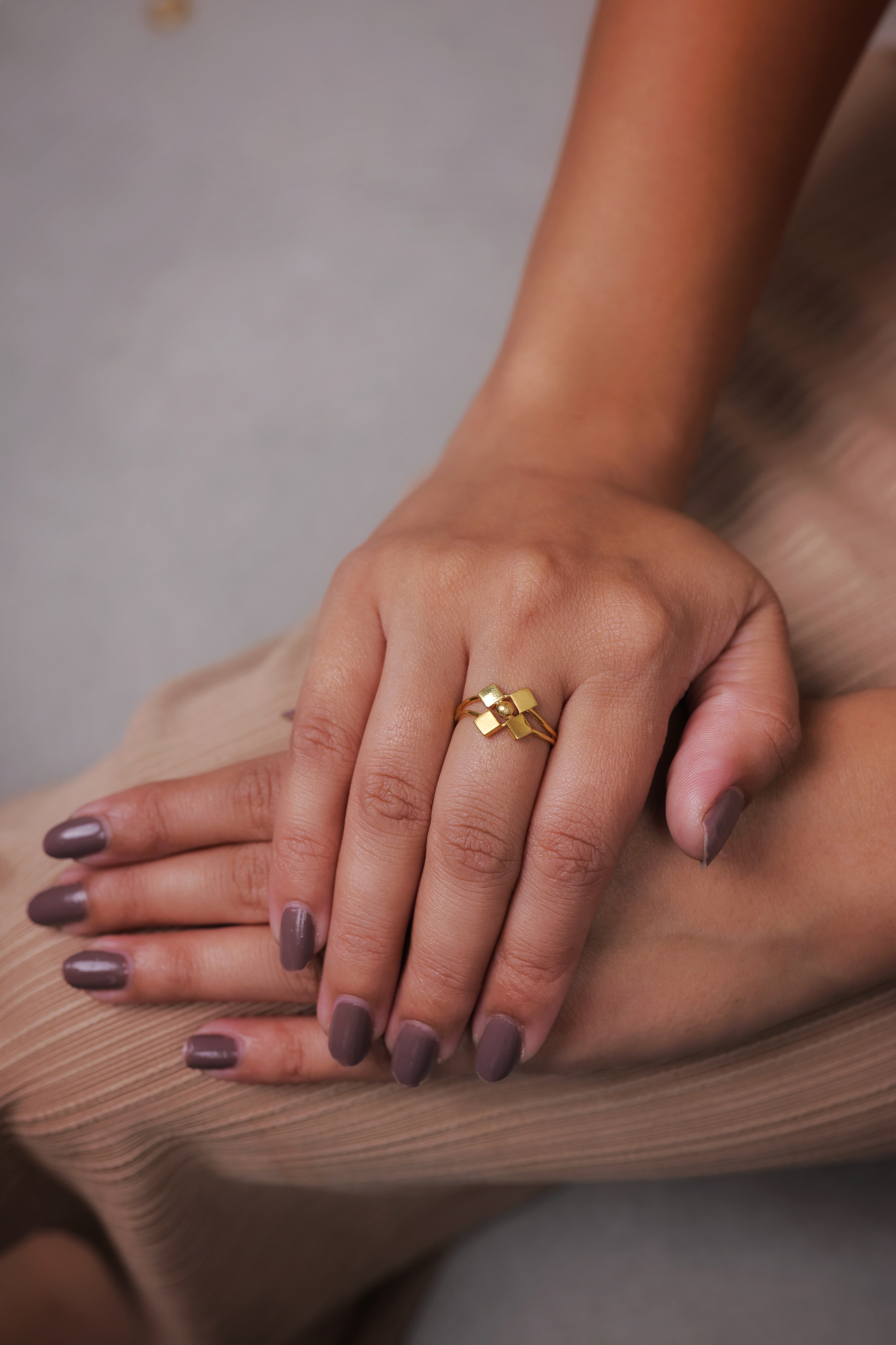 Modern Geometric Quad-Square Gold Ring with Polished Sphere Center