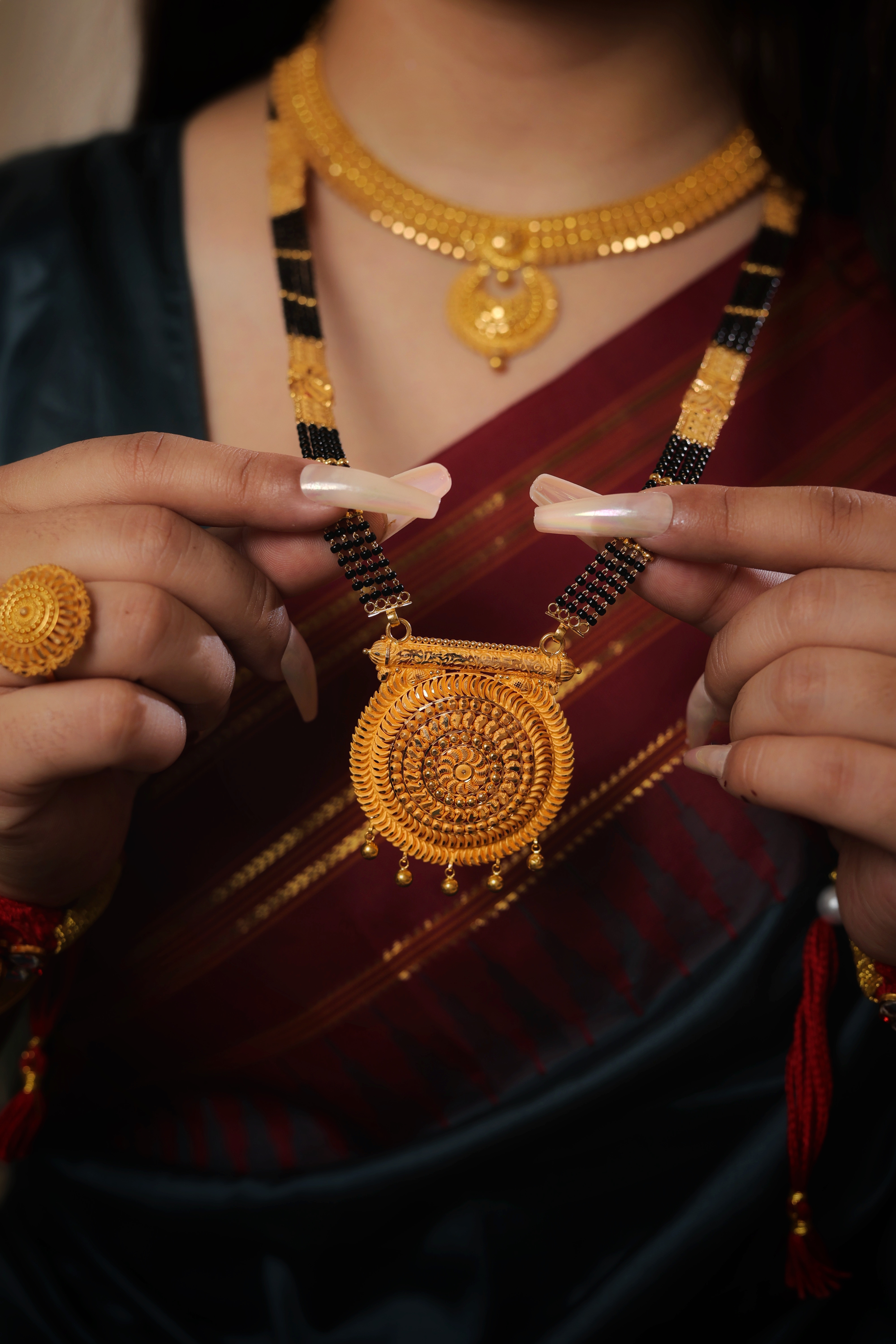 Majestic Circular Sunburst Long Mangalsutra with Concentric Filigree and Bead Droplets