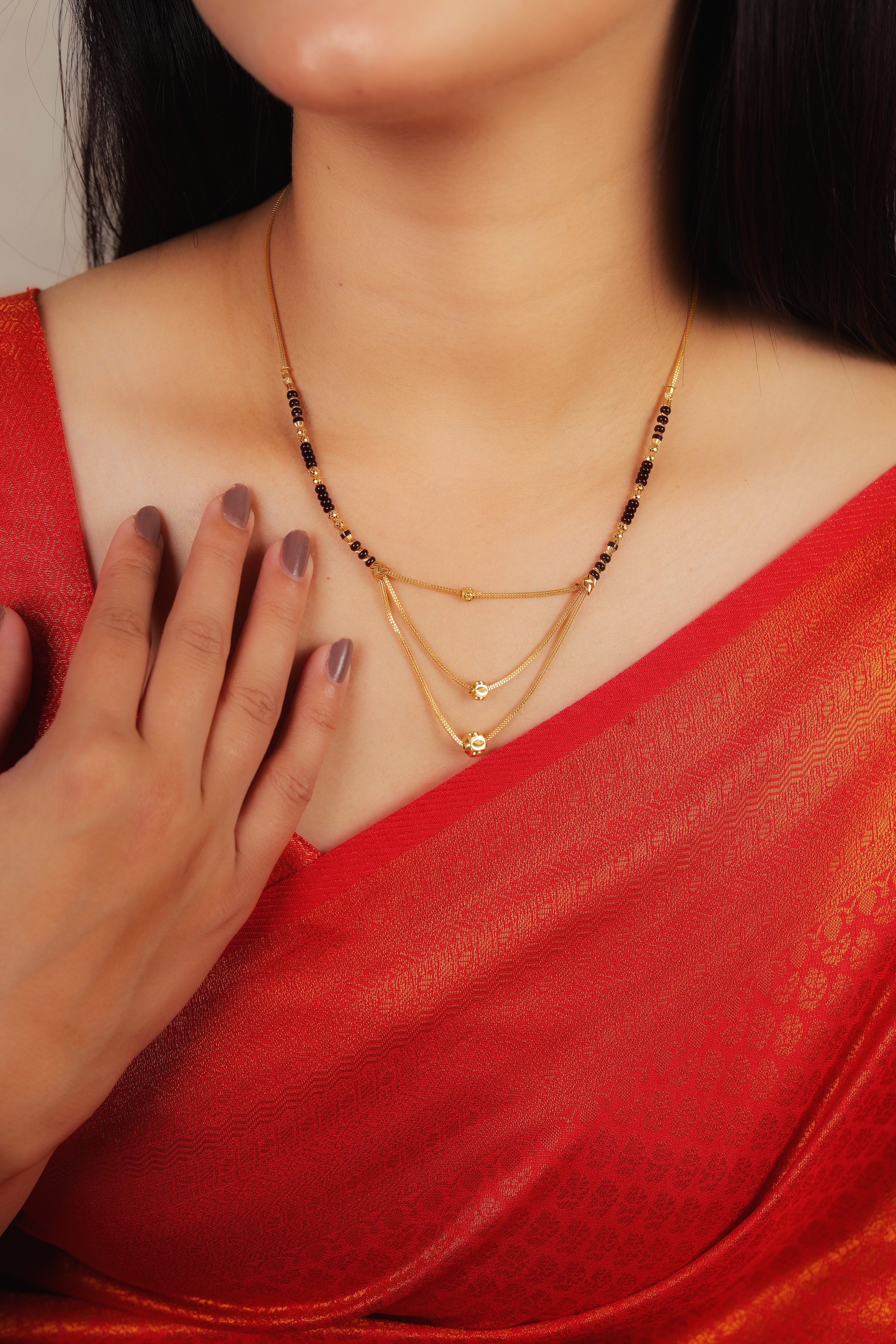 Elegant Triple-Strand Gold Link Short Mangalsutra with Radiant Textured Accents