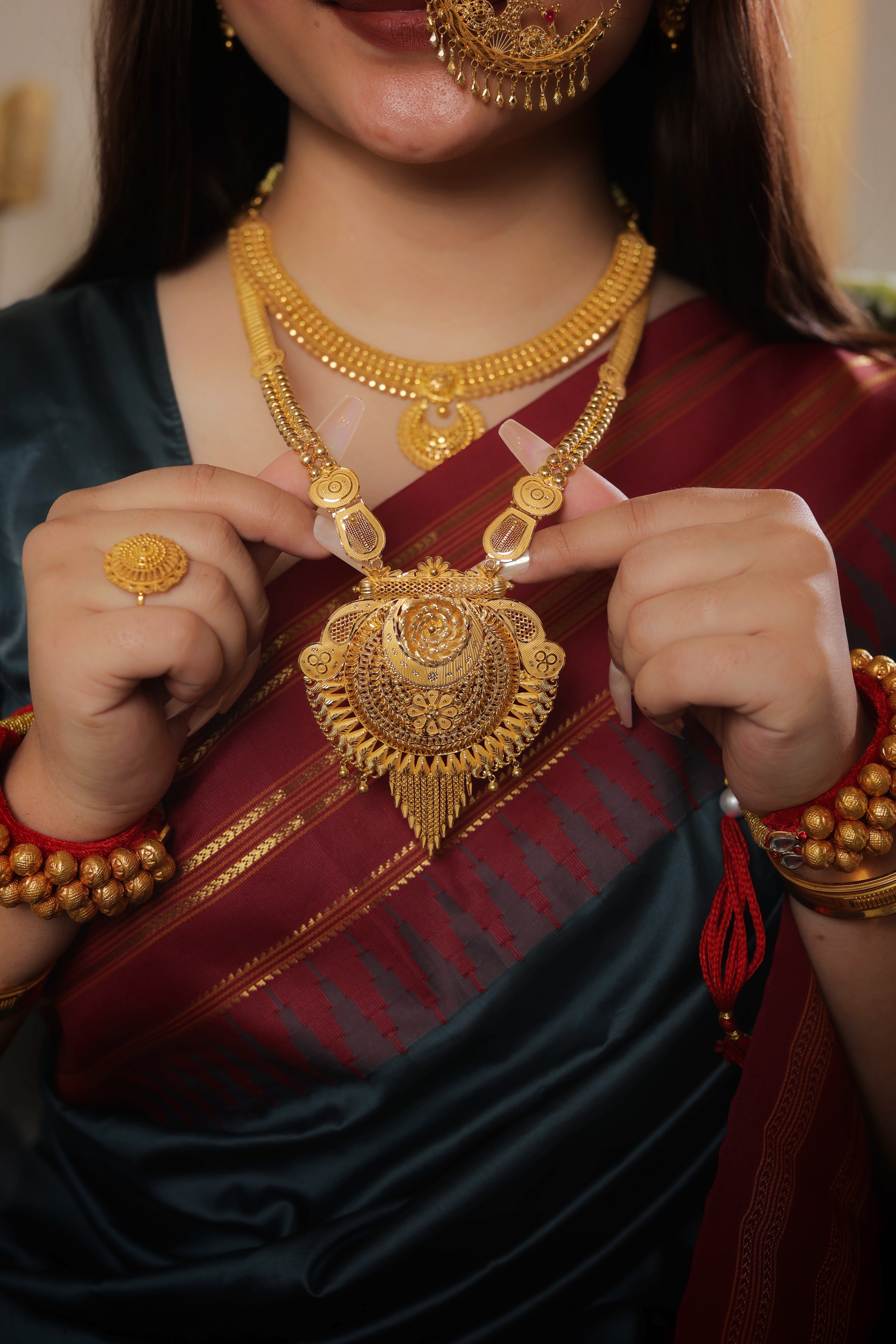 Ornate 22K Gold Rani Haar with Oversized Filigree Medallion and Intricate Etched Chains