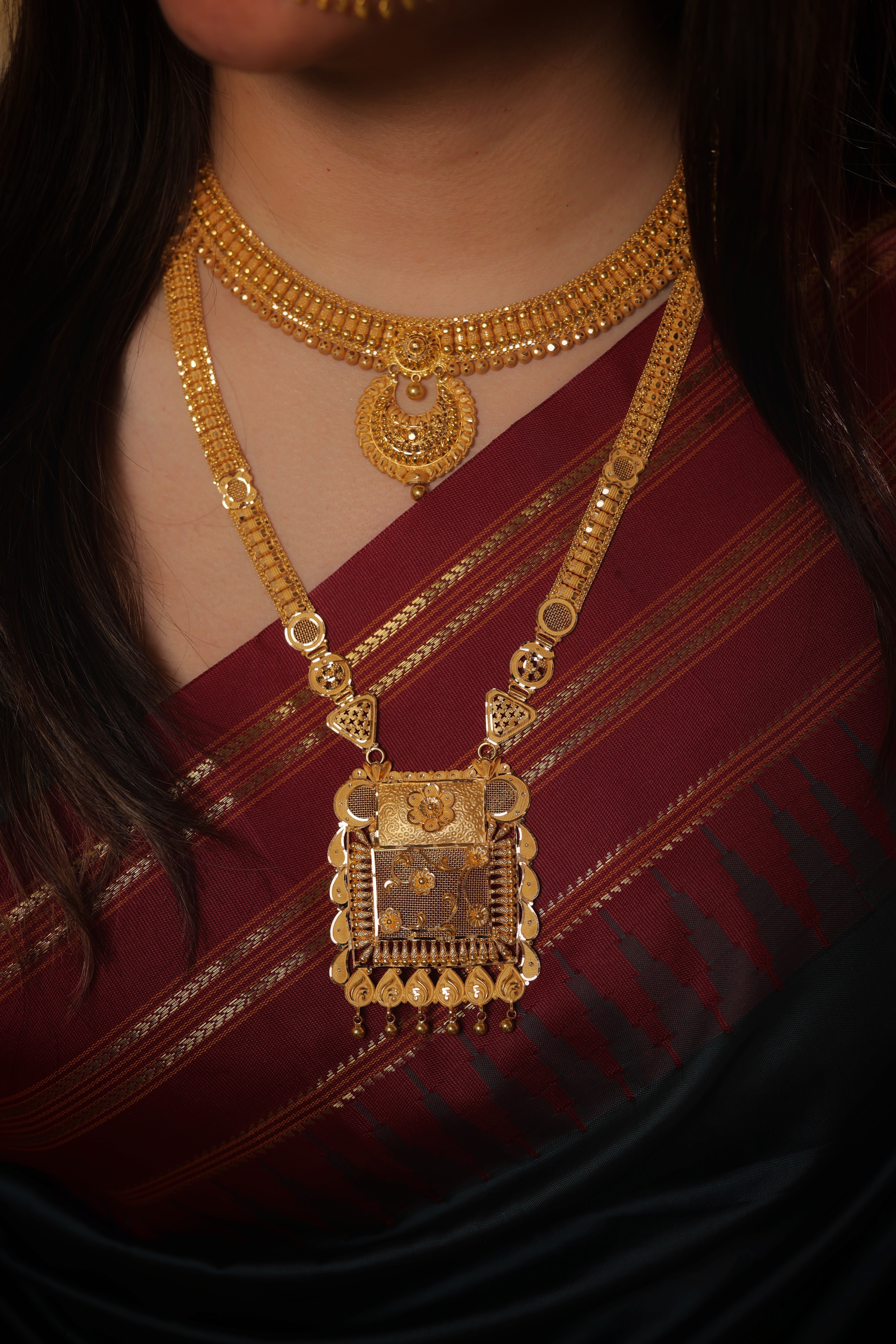 Ornate 22K Gold Rani Haar with Statement Square Filigree Pendant and Architectural Link Chain