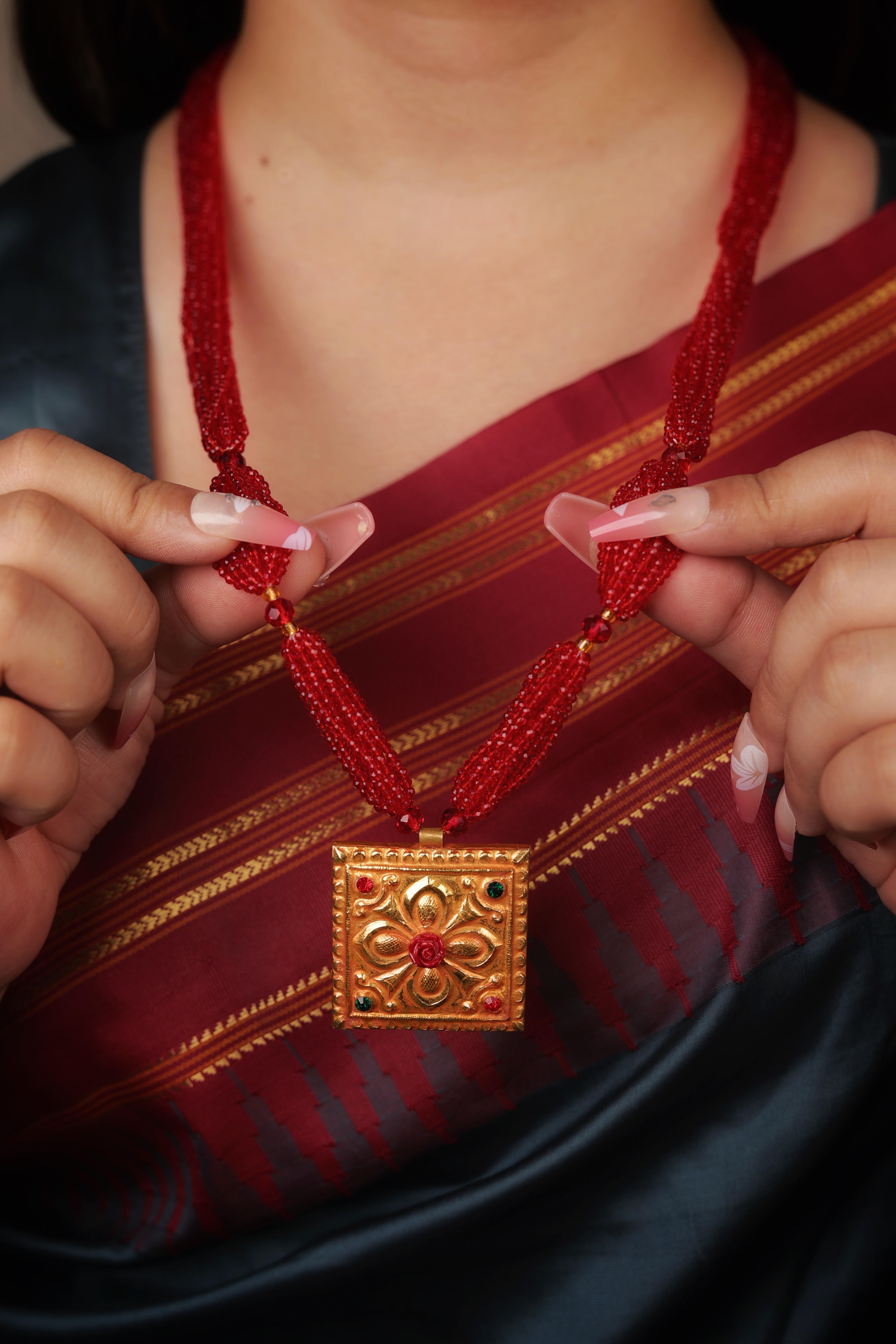 Antique 24K Gold Temple-Style Pendant Necklace with Red Beads