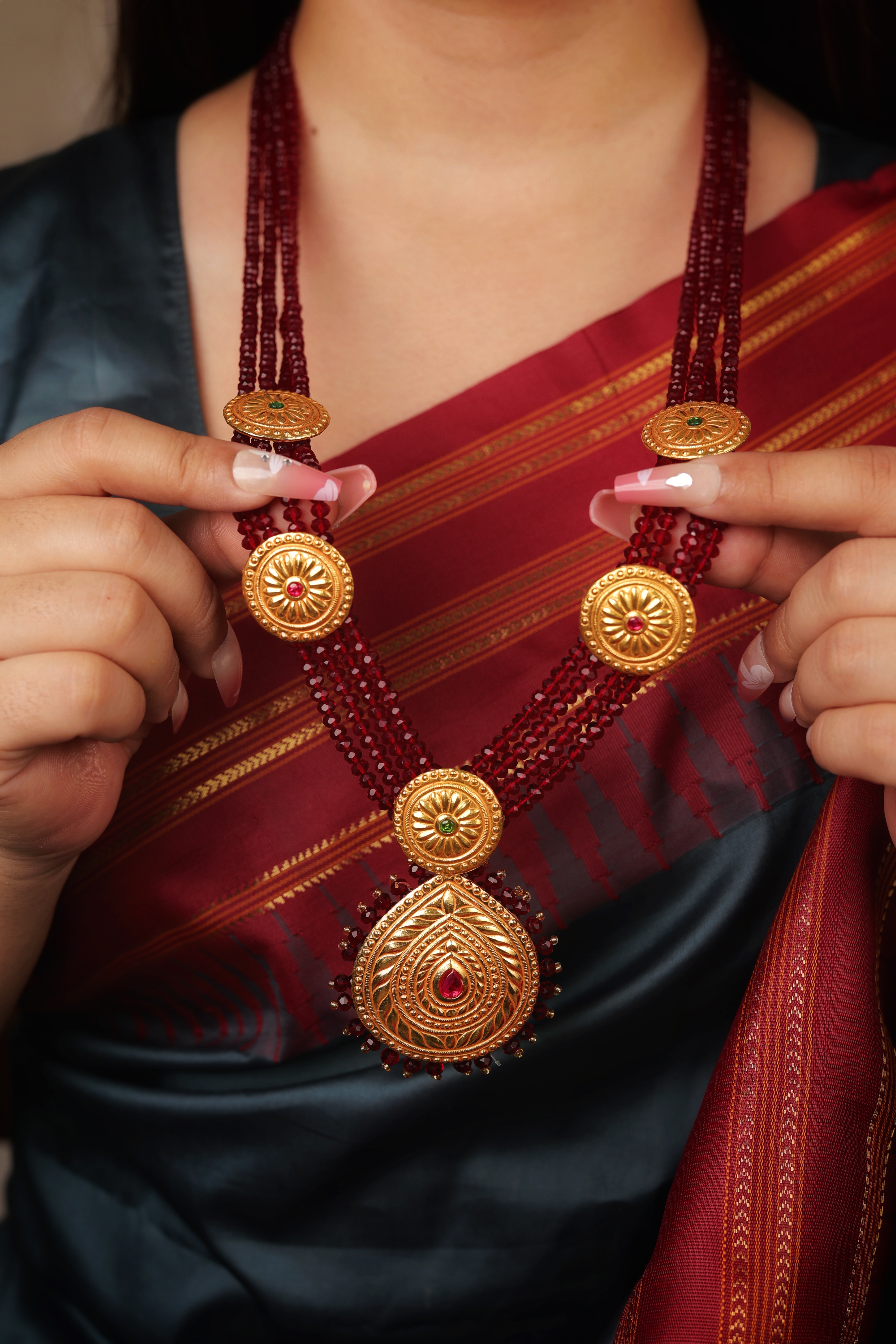 Antique 24K Gold Temple Pendant Necklace with Red Beads