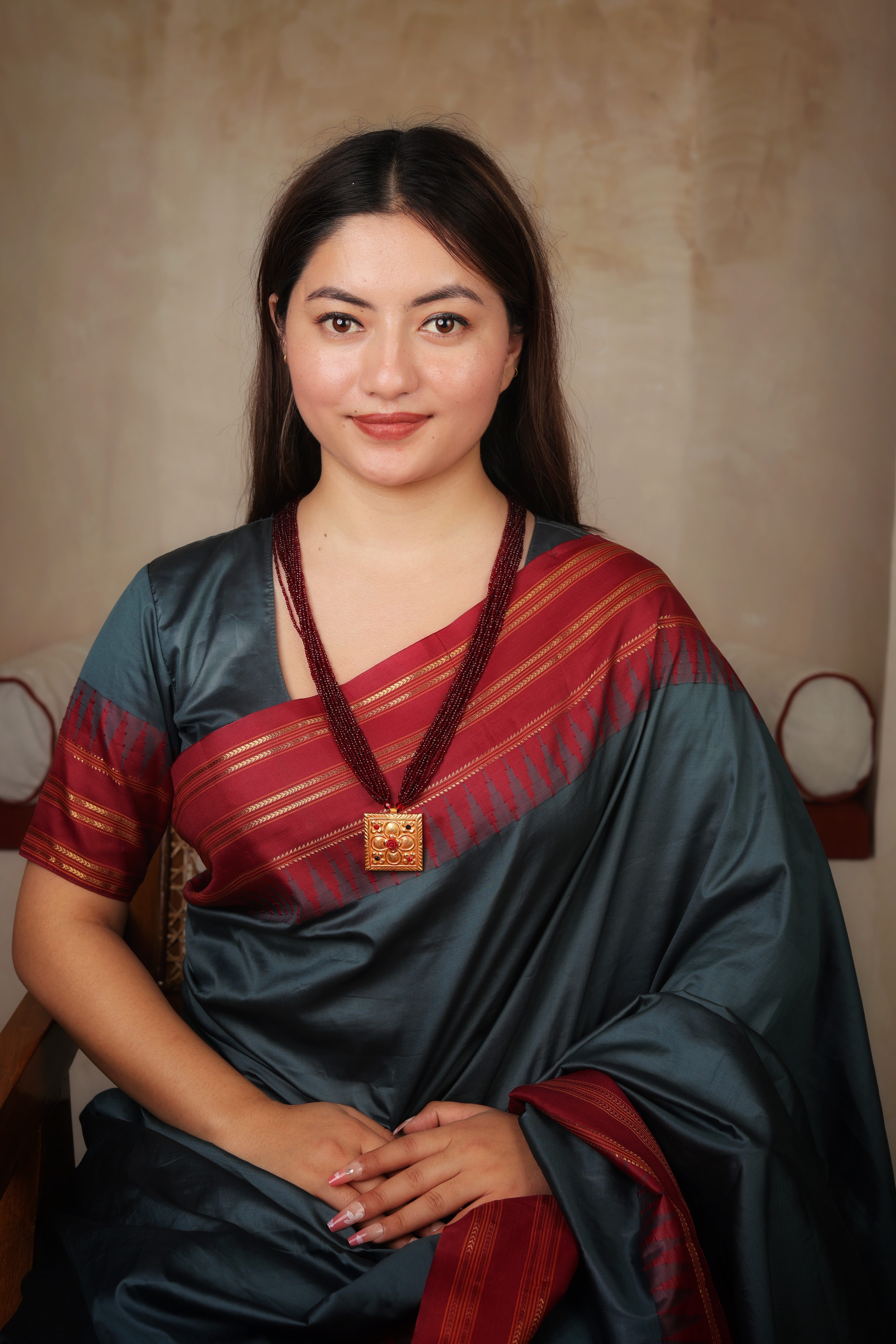 Antique 24K Gold Square Floral Pendant Necklace with Maroon Beads