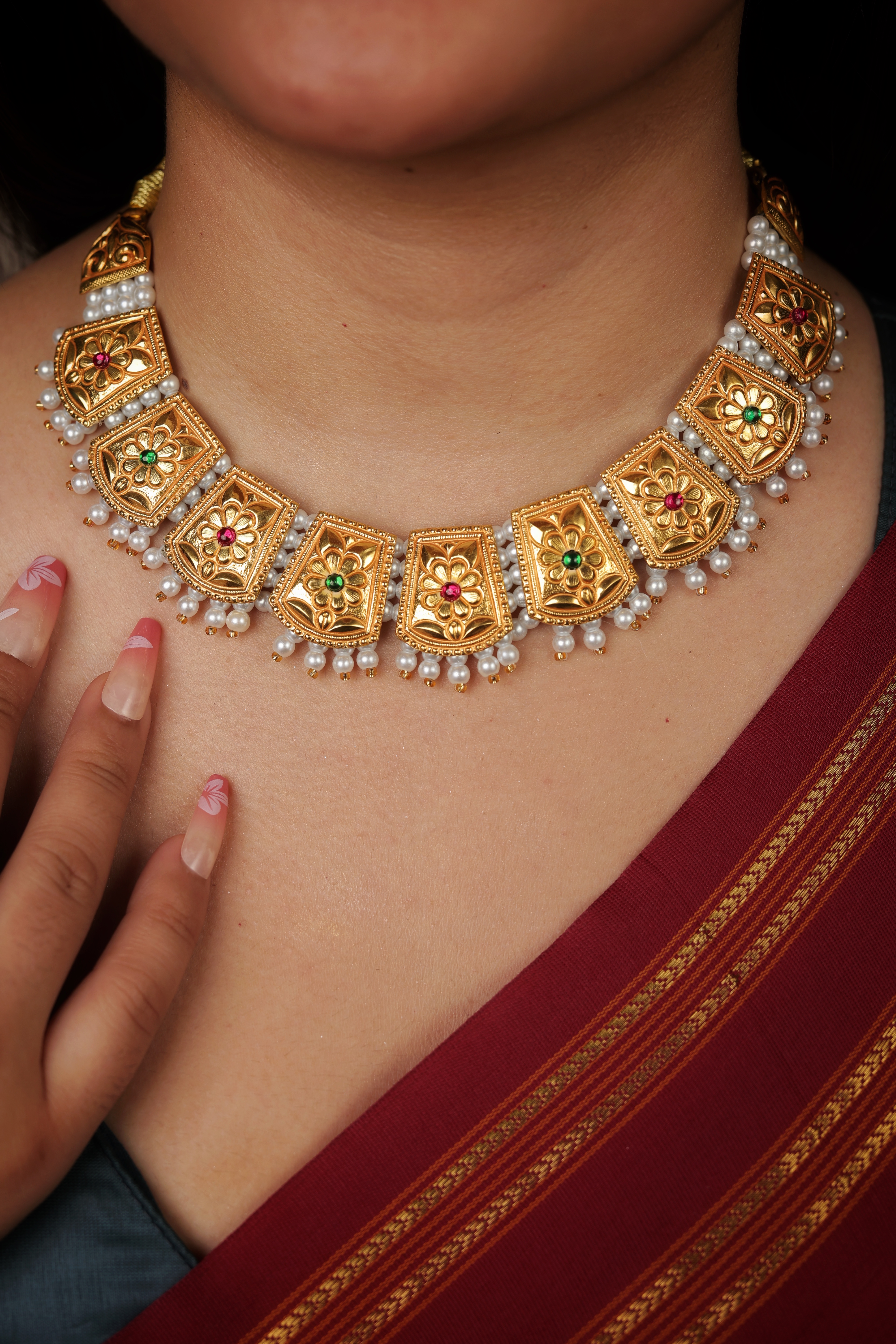 Antique 24K Gold Floral Panel Necklace with Pearl Drops