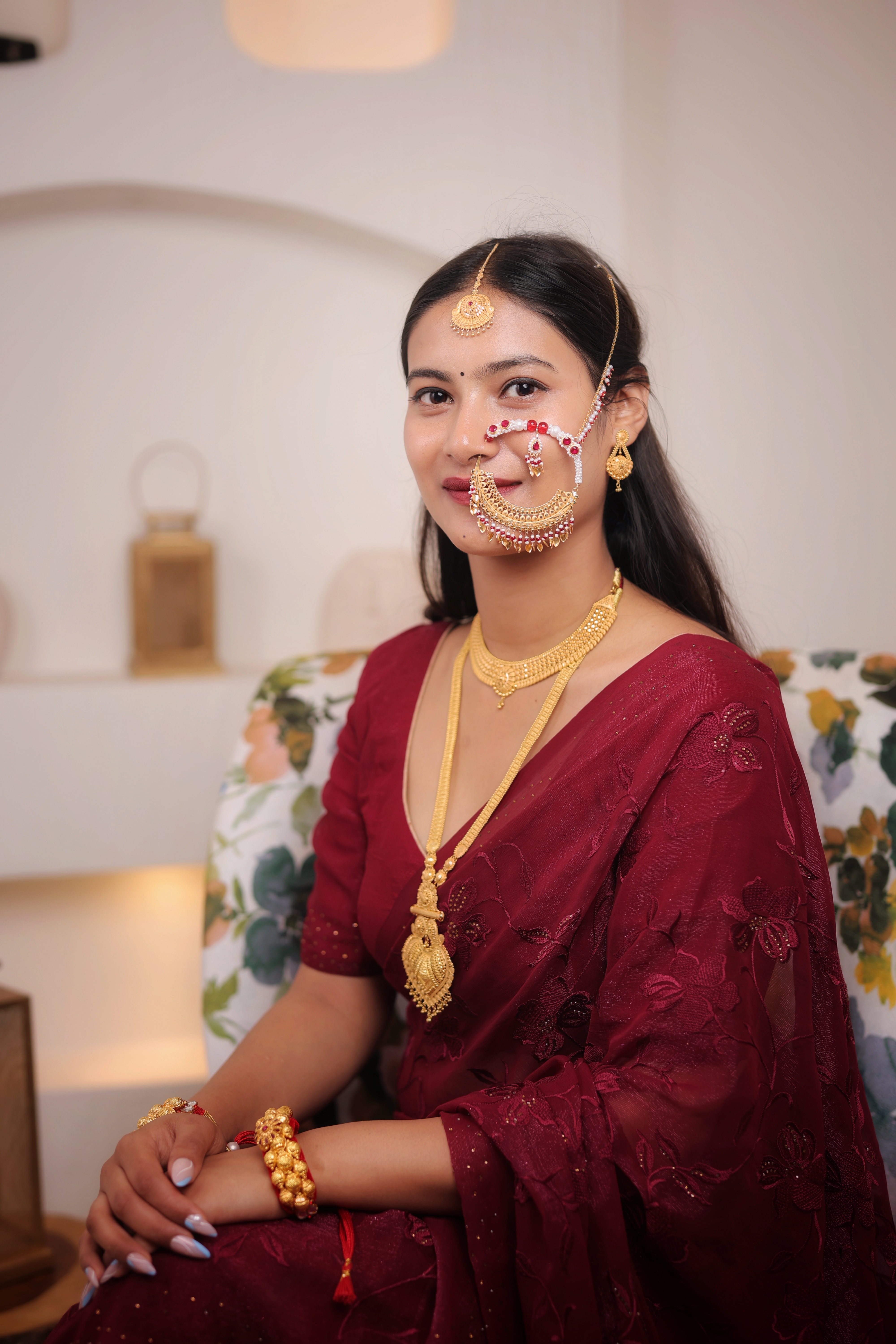 Traditional Gold Nath – Maharashtrian Bridal Nose Ring with Pearl & Red Stone Work